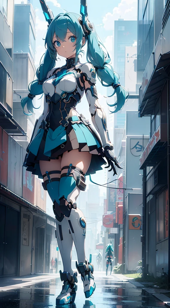 hatunemiku VOCALOID, twintail, turquoise hair, mecha, 1girl, cyberpunk, realistic, mechanical parts, robot joints, headgear, full armor, high heels, armor color{{{{white}}}}, beautiful art, ((((masterpiece, high quality, very_high_resolution, anime colored, Elaborate design, high quality))))