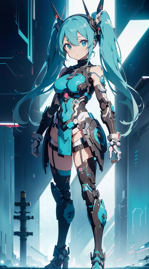 hatunemiku VOCALOID, twintail, turquoise hair, mecha, 1girl, cyberpunk, realistic, mechanical parts, robot joints, headgear, full armor, high heels, armor color{{{{white}}}}, beautiful art, ((((masterpiece, high quality, very_high_resolution, anime colored, Elaborate design, high quality))))