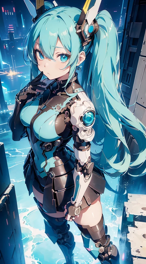 hatunemiku VOCALOID, twintail, turquoise hair, mecha, 1girl, cyberpunk, realistic, mechanical parts, robot joints, headgear, full armor, high heels, armor color{{{{white}}}}, beautiful art, ((((masterpiece, high quality, very_high_resolution, anime colored, Elaborate design, high quality))))