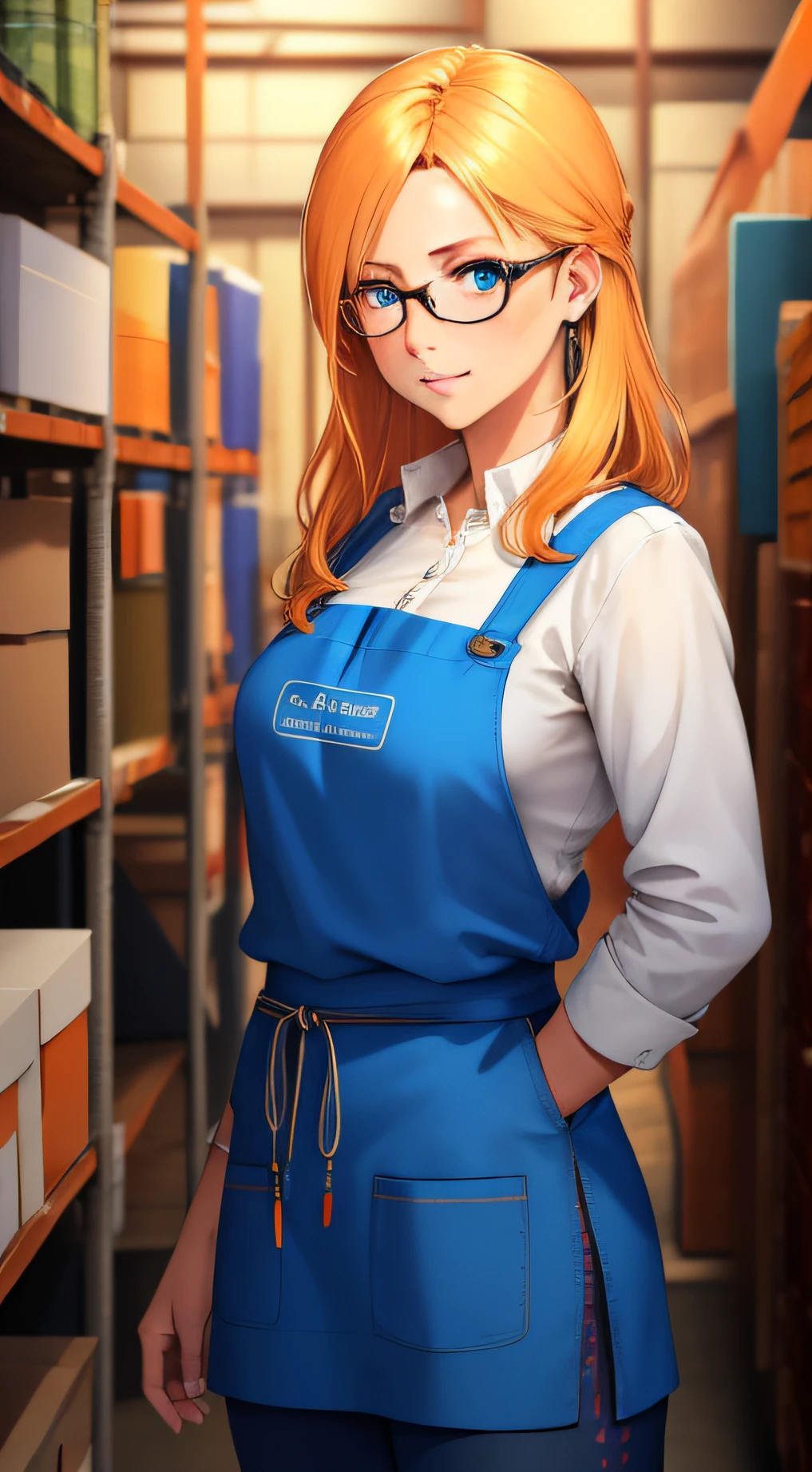 masterpiece, highest quality, realistic, subsurface scattering, chromatic lighting, colourful, detailed conceptual drawing, line art, illustration, cyberpunk, mid age woman, blue eyes, small breasts, blonde hair, Outgoing, not long hair, white shirt, black pants, orange apron worker, using round glasses, pleated, warehouse aisle, people, Detailed background