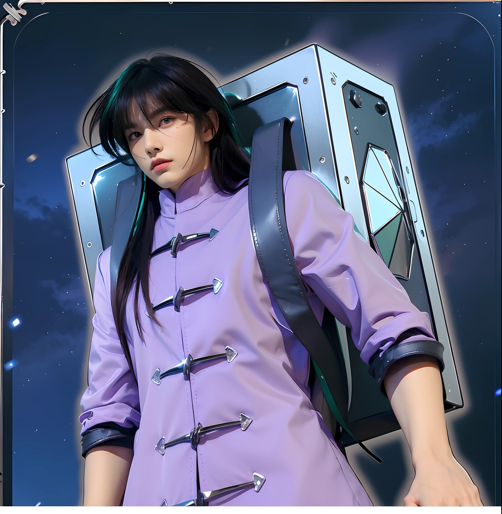 (masterpiece), (realistic), half body, (male) of 18 years old, Japanese (1boy), slightly side view, serious powerful look, solo, (handsome man) (powerful face),, ((pretty big green eyes)), ((well done eyes)), looking in front, long straight messy black hair, ((bangs)), hair blowing in the air, (beardless), masculine Chinese tunic light purple, leather straps, metallic (Chrome) box on his back, night starry sky background, cinematic lighting.