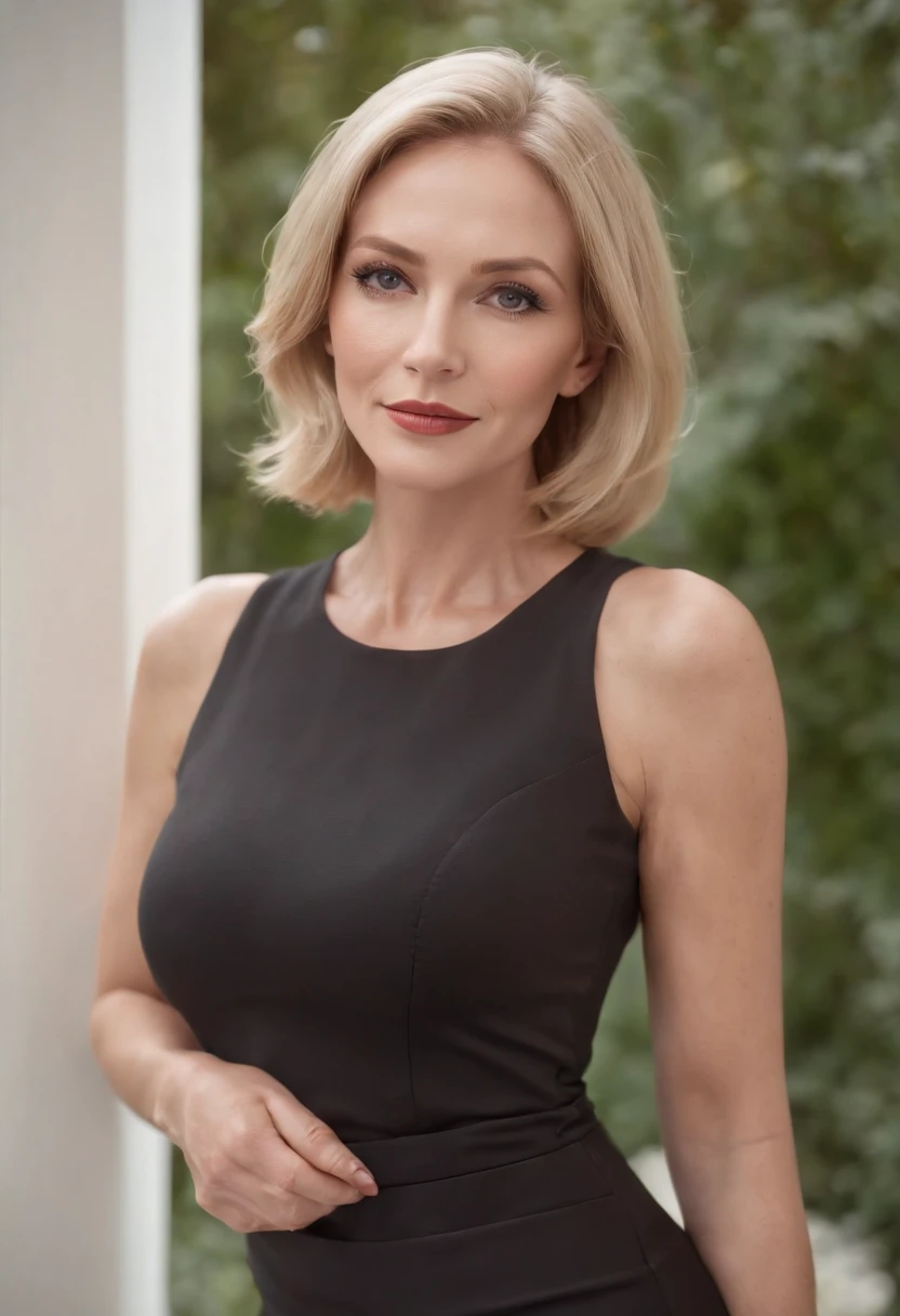 Professional, High level of detail, Full body photo of blonde (attractive 45yo woman:1.3), (classy stylish bob haircut)1.3, gray eyes, (neon red-colored tight opened shirt)1.4, (black skirt and stockings)1.455,natural lighting, (seductive:1.1), (blushing:1.1 ), (classy, elegant, dandy)1.2, {{(big natural breasts)}}}1.2 (pokies)1.3, (toned body, hourglass body shape) (wipe hips), (full body with visible face and eyes)1.5