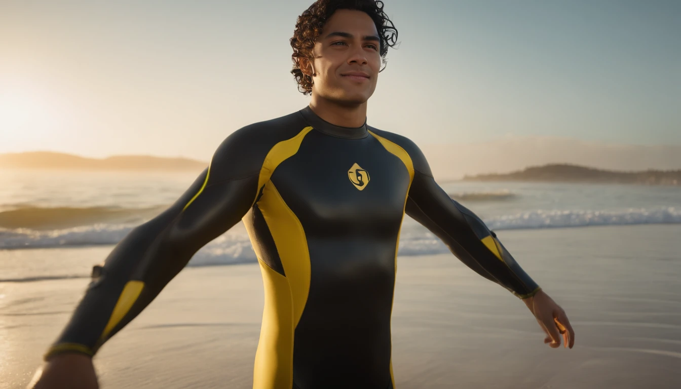 RAW, Masterpiece, Super Fine Photo, Ultra High Resolution, Photorealistic, Sunlight, Full Body Portrait, latino hispanic young man wearing a full body, black and yellow wetsuit, slight manly buldge, black hair with blonde highlights, ponytail cyberpunk hairstyle, smiling face, open mouth, gold teeth, standing on a sandy beach facing the ocean, cybernetically enhanced, pigeoncore, neo-dadaist, mechanized precision, people swimming in the ocean, boats floating, in the style of mecha sci-fi anime, 8k, best quality, highres, Unreal Engine:1.4,Ultra-realistic 64K CG, Photorealista:1.4, Skin Texture:1.4, Volumetric fog, 8k uhd, dslr, high quality, film grain, fair skin, photorealism, lomography, translucent