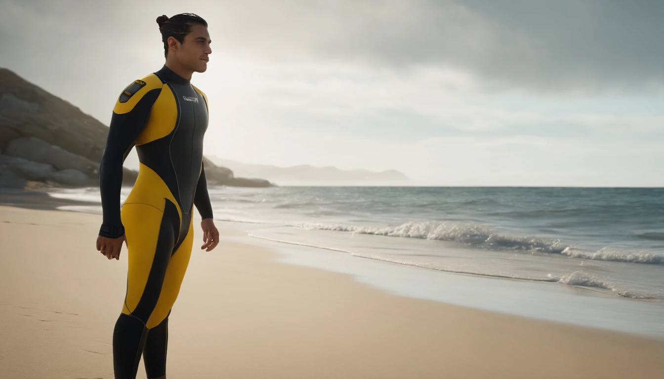 RAW, Masterpiece, Super Fine Photo, Ultra High Resolution, Photorealistic, Sunlight, Full Body Portrait, latino hispanic young man wearing a full body, black and yellow wetsuit, slight manly buldge, black hair with blonde highlights, ponytail cyberpunk hairstyle, smiling face, open mouth, gold teeth, standing on a sandy beach facing the ocean, cybernetically enhanced, pigeoncore, neo-dadaist, mechanized precision, people swimming in the ocean, boats floating, in the style of mecha sci-fi anime, 8k, best quality, highres, Unreal Engine:1.4,Ultra-realistic 64K CG, Photorealista:1.4, Skin Texture:1.4, Volumetric fog, 8k uhd, dslr, high quality, film grain, fair skin, photorealism, lomography, translucent
