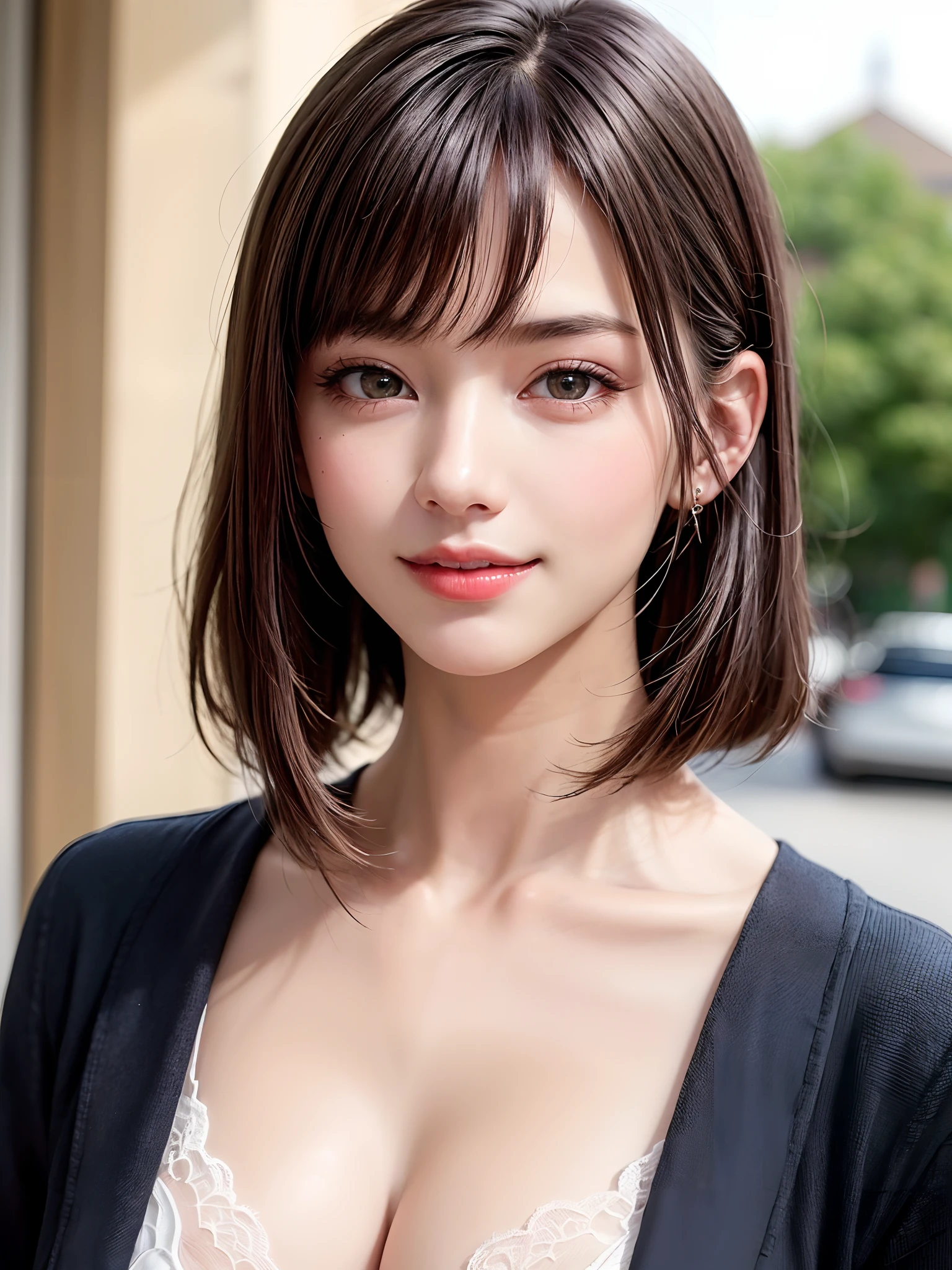 (masterpiece, top-quality、Very attractive adult beauty、Add intense highlights to the eyes、Look firmly at the camera),1girl in, 独奏, A dark-haired, scarf, Hats,, realisitic, looking at the viewers, black eyes of light color, shorth hair, coat, Winter clothes, White headscarf, s lips, lipgloss,bangss, The upper part of the body、big eye、Lashes)、((Road system in Italy))、((Shorthair with bangs、big eye、Put very strong highlights in your students、{Gigantic|Big|Huge|Mega} breasts、very Bigger breasts、gazing at viewer、Very beautiful beauty、Put your ears out、long neck、little smiling、Beautiful teeth、Open your mouth and smile))、28 year old、Very cute supermodel