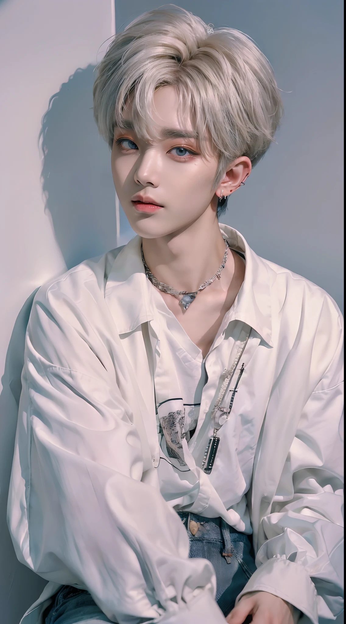 ((4K works))、masterpiece、(top-quality)、((high-level image quality))、((One Manly Boy))、Slim body、((Attractive and sexy jeans fashion))、((Men's Fashion))、(Detailed beautiful eyes)、In a soundproof room、Record a song、Face similar to Chaewon in Ruseraphim、((short hair above the ears))、((Smaller face))、((Neutral face))、((White hair))、((Brown eyes))、((Korean boy))、((18year old))、((Handsome man))、((sings))、((Korean Makeup))、((elongated and sharp eyes))、((Like a celebrity))、Everyday photography、((Shot alone))、((Shot diagonally from the side))、((Upper body photography))、((He stands in front of the microphone stand))