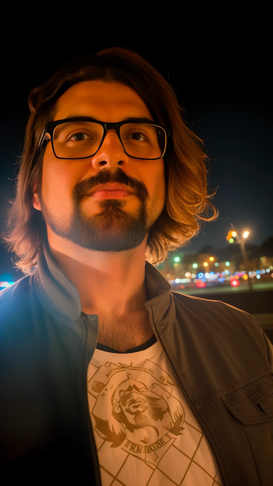 Man with glasses and beard standing in front of a city, with glasses and goatee, foto de perfil 1024px, foto do perfil, noite calma. Tiro por cima do ombro, imagem de perfil, com nerd! glasses! e cavanhaque, Directed by: Andrei Kolkoutine, Noite!, tiro noturno, Konstantin Porubov, in the nighttime , estilo Disney Pixar