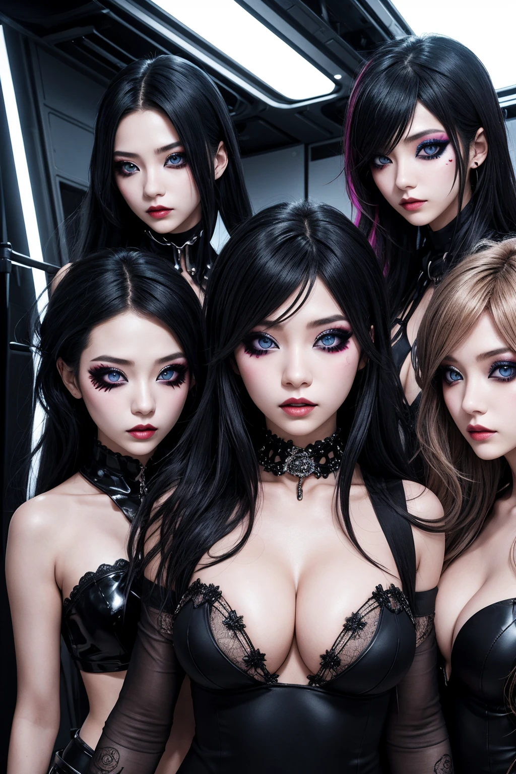 Close-up of a group of visual kei fashion models, highlighting the avant-garde makeup,bright eyes, and elaborate hairstyle, against a futuristic and vibrant studio setting, massive cleavage, dynamic photography style, high-definition quality.