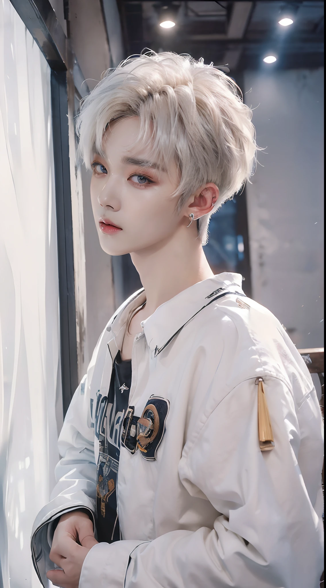 ((4K works))、masterpiece、(top-quality)、((high-level image quality))、((One Manly Boy))、Slim body、((Attractive and sexy jeans fashion))、((Men's Fashion))、(Detailed beautiful eyes)、In a soundproof room、Record a song、Face similar to Chaewon in Ruseraphim、((short hair above the ears))、((Smaller face))、((Neutral face))、((White hair))、((Brown eyes))、((Korean boy))、((18year old))、((Handsome man))、((sings))、((Korean Makeup))、((elongated and sharp eyes))、((Like a celebrity))、Everyday photography、((Shot alone))、((Shot diagonally from the side))、((Upper body photography))、((He stands in front of the microphone stand))