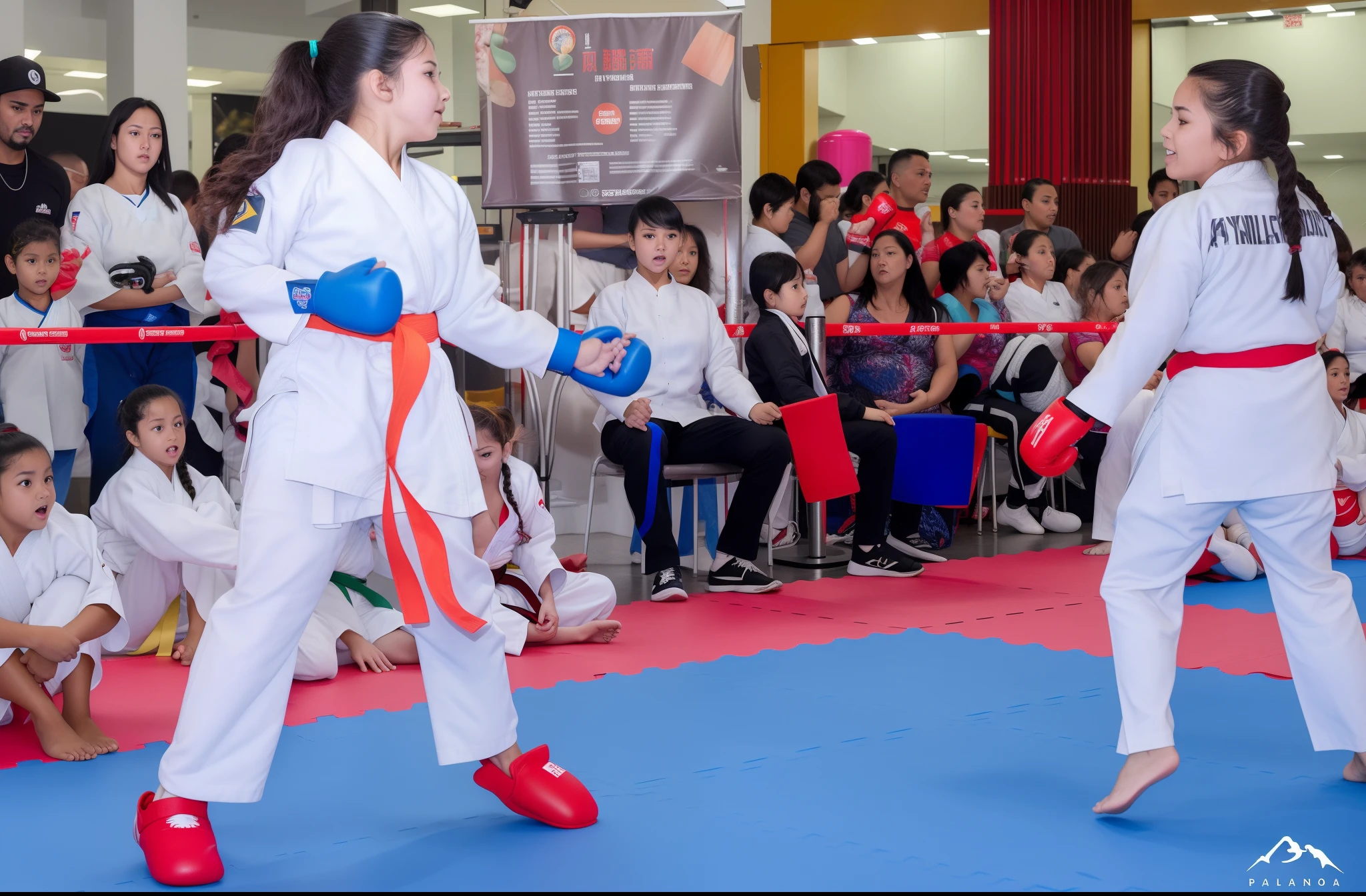 It's two girls in white and red uniforms practicing karate, torneio de artes marciais, competition winning, competition highlights, sao paulo, Karate Kick, dynamic action shot, Karate, Kickboxing, artes marciais, action shot, battle action shot, batalha intensa, combate corpo a corpo, 1614572159, great action, in an action pose