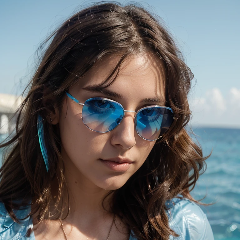 Masterpiece, highly detailed, 4k, ((brunette, thick wavy hair, highly detailed hair, hair in zero gravity, hair floating,)) BREAK Pretty girl, 25, walking, ((sunglasses, aviators, light blue, translucent,)) ((nose piercing, glimmer, gling, light blue glint,)) soft feminine face, confident expression, small nose, average mouth, pronounced cheekbones, BREAK