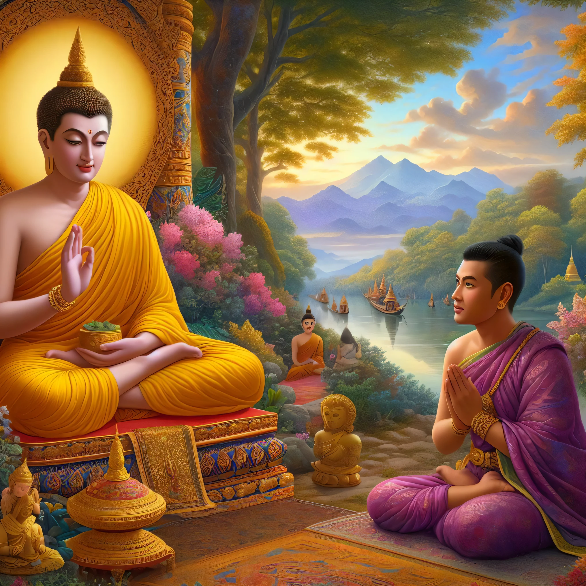 buddha and a monk in a temple, buddhism, buddhist, on path to enlightenment, buddhist art, on the path to enlightenment, the buddha, hindu stages of meditation, buddha, beautiful depiction, spiritual enlightenment, by John La Gatta, serene expression, thailand art, buddhist monk meditating, monk meditate, samsara, karma sutra, a beautiful buddhist mandala