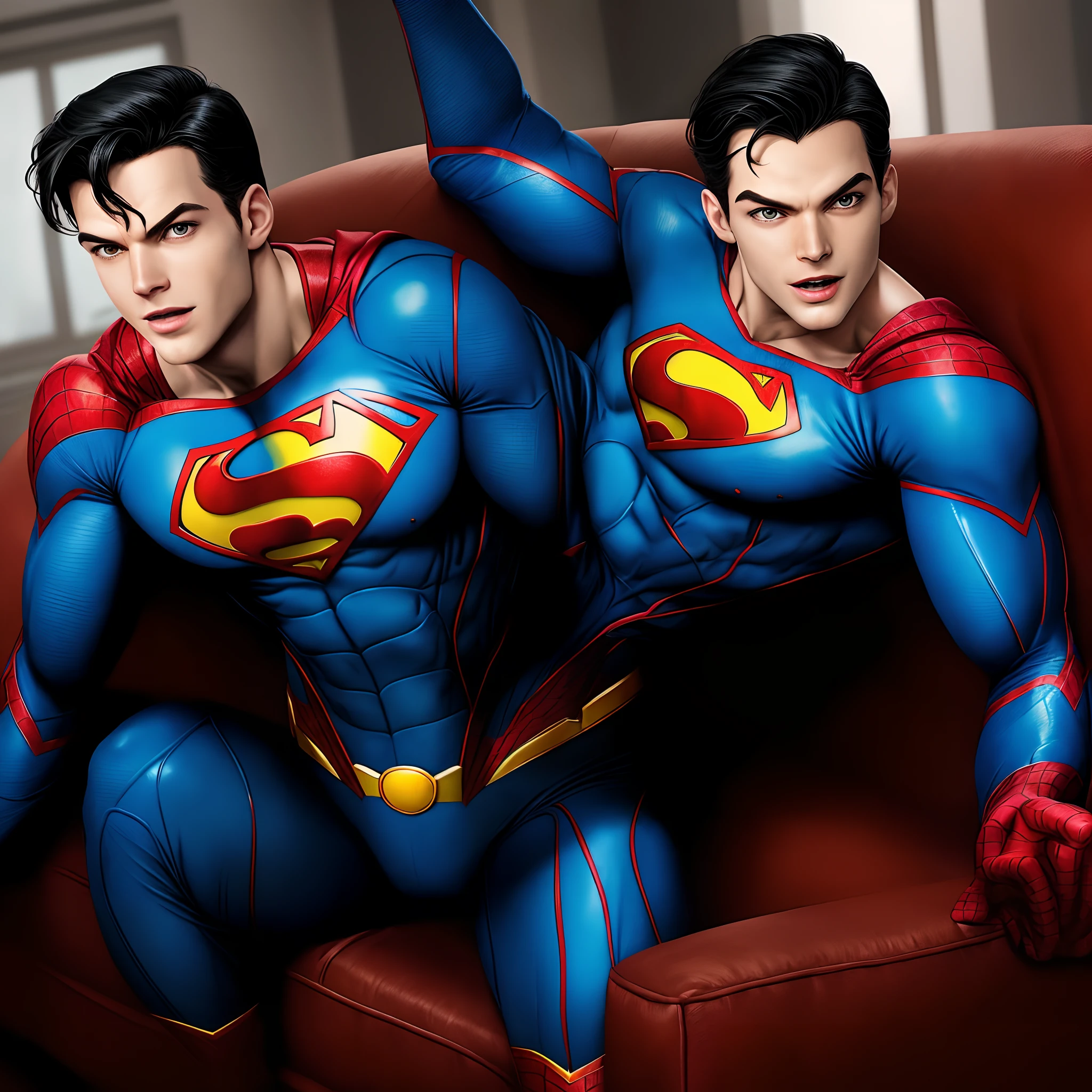 Super man spider man on the couch