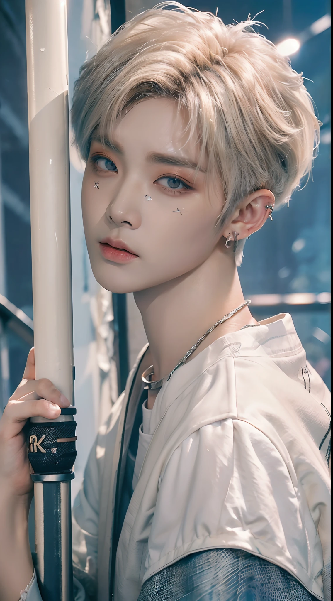 ((4K works))、masterpiece、(top-quality)、((high-level image quality))、((One Manly Boy))、Slim body、((Attractive and sexy jeans fashion))、((Men's Fashion))、(Detailed beautiful eyes)、In a soundproof room、Record a song、Face similar to Chaewon in Ruseraphim、((short hair above the ears))、((Smaller face))、((Neutral face))、((White hair))、((Brown eyes))、((Korean boy))、((18year old))、((Handsome man))、((sings))、((Korean Makeup))、((elongated and sharp eyes))、((Like a celebrity))、Everyday photography、((Shot alone))、((Shot diagonally from the side))、((Upper body photography))、((He stands in front of the microphone stand))