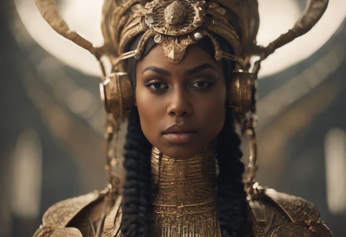 best quality, portrait of a beautiful, curvy woman in futuristic headdress inspired by an ancient egypt king, details, gold, silver, stones, scarab beetle, eyes protected by a transparent visor, transparent limestone, microchips, cabels, electric glow, retro futurism, behind the woman there red desert landscape similair with ancient pyramids but with a futuristic touch, mecha-girl, human machine integration,