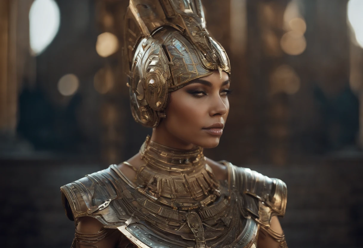 best quality, portrait of a beautiful, curvy woman in futuristic headdress inspired by an ancient egypt king, details, gold, silver, stones, scarab beetle, eyes protected by a transparent visor, transparent limestone, microchips, cabels, electric glow, retro futurism, behind the woman there red desert landscape similair with ancient pyramids but with a futuristic touch, mecha-girl, human machine integration,