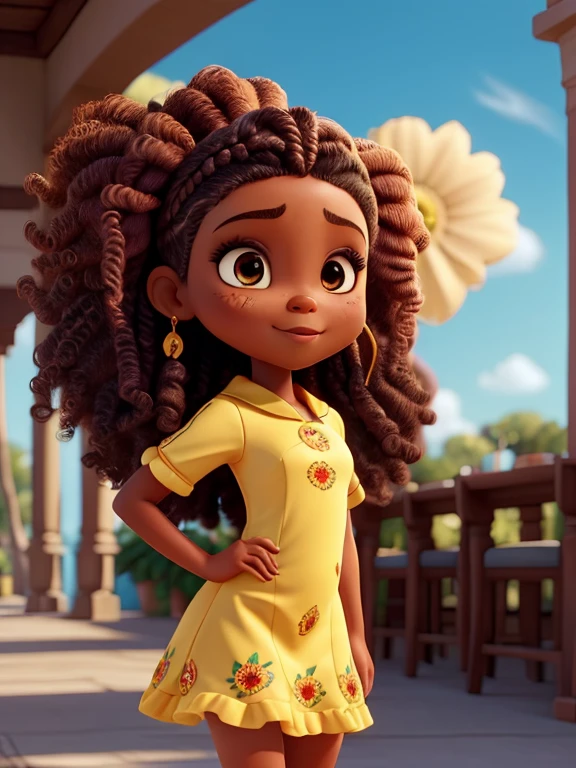 master part, Filipinas, pele bronzeada, grande cabelo afro cacheado, cabelos selvagens crespos, medium-length hair, nariz redondo, cabelos verdes, full lips, olhos cor-de-rosa, long eyeslashes, pastels colors, noite de fundo, fundo das flores, vestido amarelo, flowey, caprichoso,