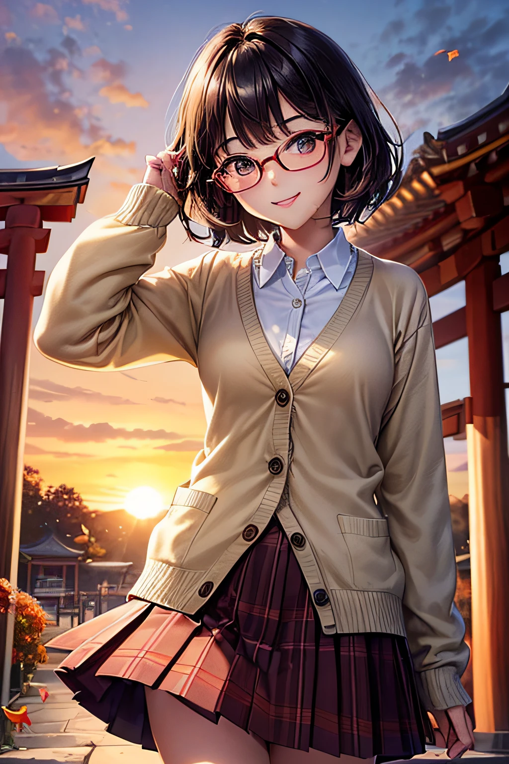 ((worst quality, low-quality)), ((a closeup)), (girl with:1.2), (A dark-haired, short-cut:1.3), (Dynamic Pose:1.2), (School Uniforms:1.2), (Body-fitting beige cardigan:1.4), ((Long sleeve, sleeves past wrists):1.2), (White collar shirt underneath:1.3), ((Raise button, Not loose):1.5),(red plaid pleated skirt:1.3), (Cool glasses, under-rim:1.2), ((Dark brown bread shop fur):1.2), plump shiny lips, Beautiful clear eyes, (The best smile), Spoken Heart, (Sunset light:1.4), Autumn foliage picking, leaves falling, Temple precincts, (( Background of shrine and temple of autumn leaves)), high-angle shot, masutepiece,Best Quality,ultra-detailliert, masterpiece,