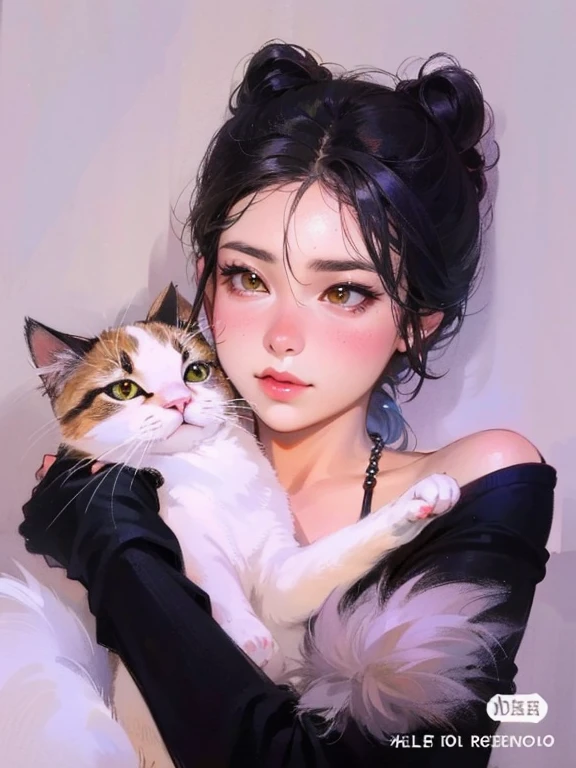 Araffe con una camisa negra y un gato blanco en sus brazos, Very beautiful cute catgirl, ulzzang, Beautiful young catgirl, Atractiva chica gato, Mujer / cat hybrid, Blanco ( gato ) girlish, Grandes mejillas sosteniendo a su gato, dilraba dilmurat, Human cat hybrid, She is holding a cat in her arms, por Yang J