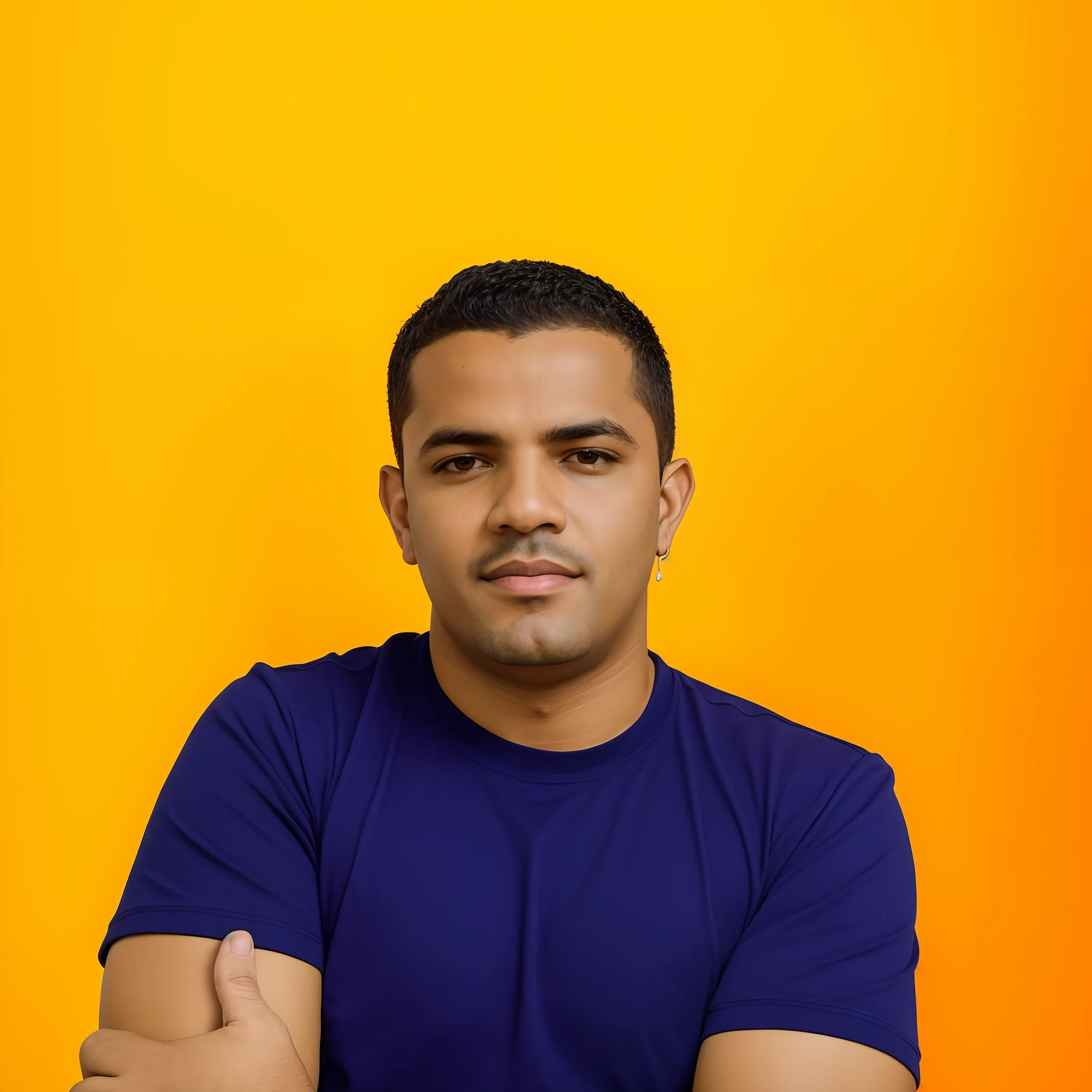 there is a man that is standing with his arms crossed, Directed by: Max Dauthendey, Mohamed Chahin, na frente de um fundo laranja, imagem retrato, foto de perfil profissional, foto portait foto de perfil, Retrato tirado 8 K, foto do perfil do facebook, retrato de perfil, Tomado com Sony Alpha 9, inspirado em Francis Souza, foto modo retrato, imagem retrato