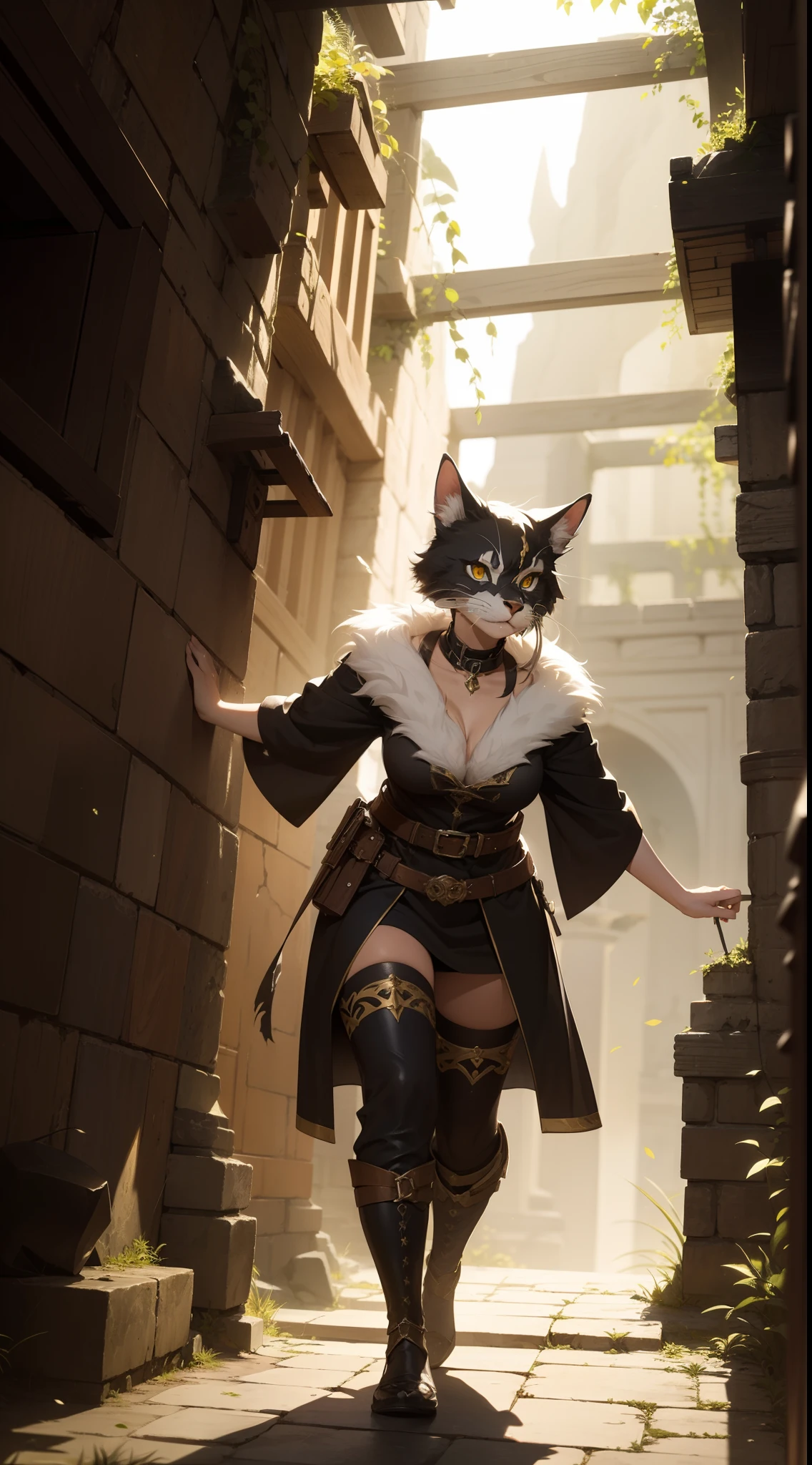 best quality,ultra-detailed,realistic,highres,masterpiece:1.2,tabaxi girl,furry:1.5,beautiful detailed eyes,beautiful detailed lips,extremely detailed face,fluffy body and ears,robe,detailed half mask,thief,Sneaking around,curious expression,dimly lit dungeon,treasure chests,sparkling gems,mysterious shadows,twisting passageways,dagger,climbing walls,clandestine mission,adventurer,stealthy movements,shadows and light,subtle lighting,colossal stone pillars,dense atmosphere,ancient ruins,ethereal glow,secretive ambiance,masterful brushstrokes,vivid colors,fantasy art,dungeon crawling game,dangerous quest,fantasy world