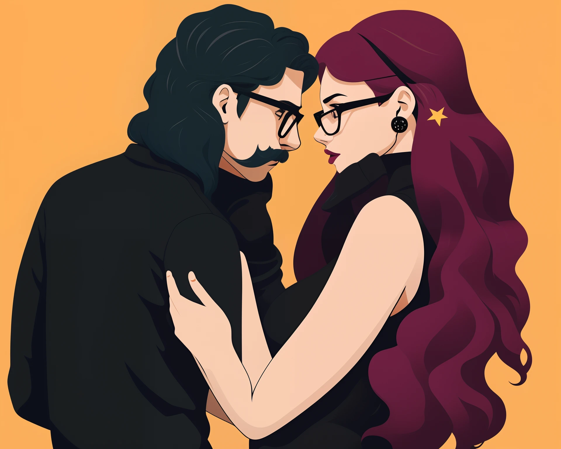 Disney art style. couple in love. the girl has black curly hair, big black glasses, is goth, has a septum piercing and is wearing an all black fishnet outfit with black shorts. the boyfriend has shoulder length, light brown hair. he has small oval glasses and stubble with a mustache. he has ear piercings and is wearing a black crew neck sweater and jeans