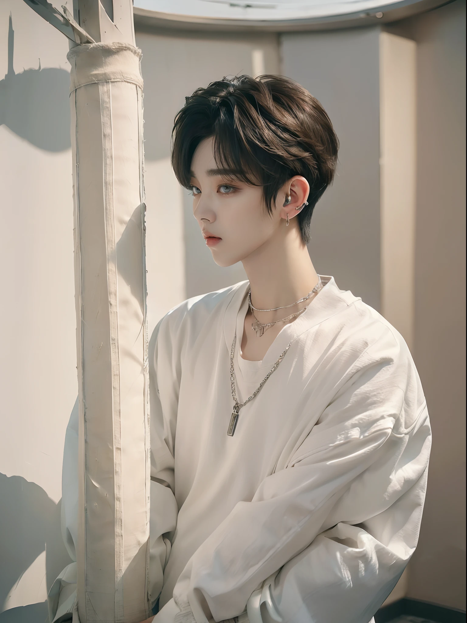 ((4K works))、masterpiece、(top-quality)、((high-level image quality))、((One Manly Boy))、Slim body、((Attractive and sexy jeans fashion))、((Men's Fashion))、(Detailed beautiful eyes)、In a soundproof room、Record a song、Face similar to Chaewon in Ruseraphim、((short hair above the ears))、((Smaller face))、((Neutral face))、((White hair))、((Brown eyes))、((Korean boy))、((18year old))、((Handsome man))、((sings))、((Korean Makeup))、((elongated and sharp eyes))、((Like a celebrity))、Everyday photography、((Shot alone))、((Shot diagonally from the side))、((Upper body photography))、((He stands in front of the microphone stand))