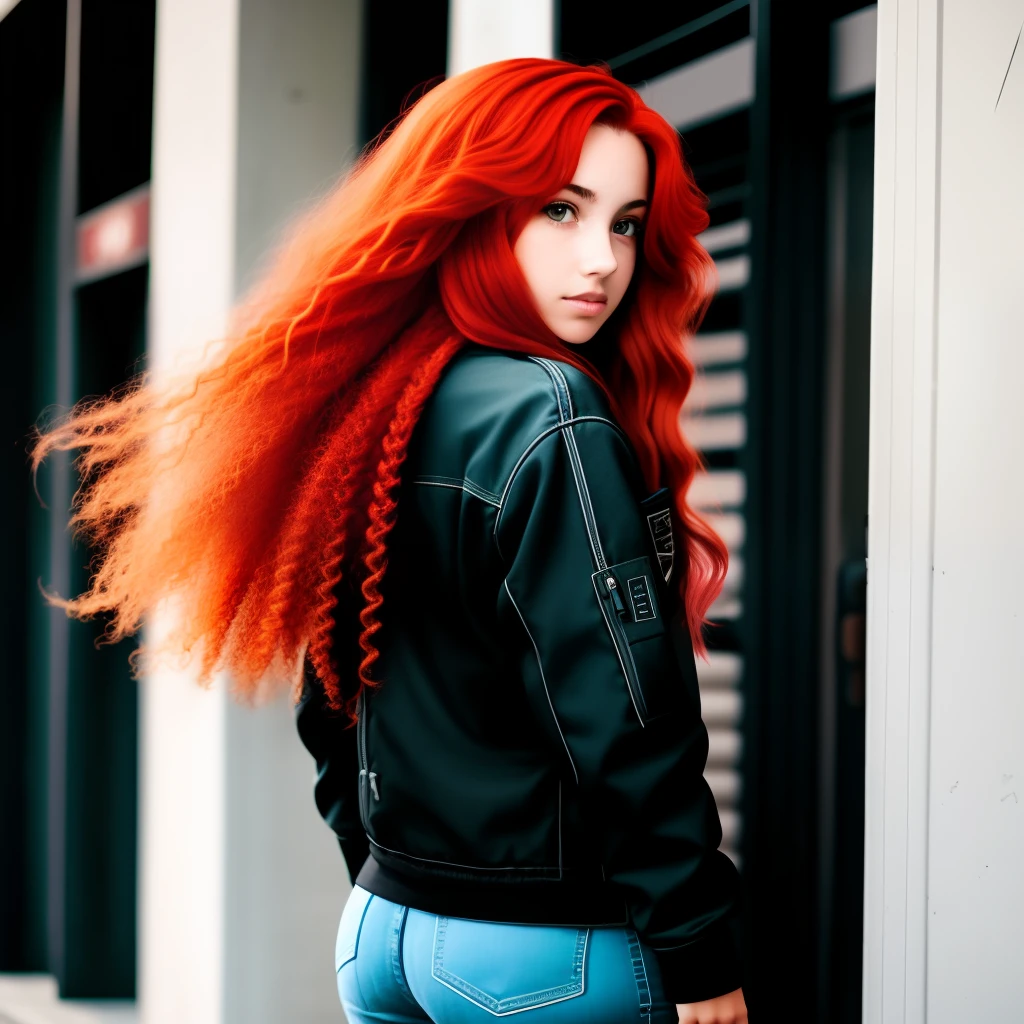 a girl with long red hair  that goes to her 
back, caramel brown  skin and brown eyes. wears a black fluffy unzipped jacket along with a black top underneath and bellbottom jeans and black and white tennis shoes.