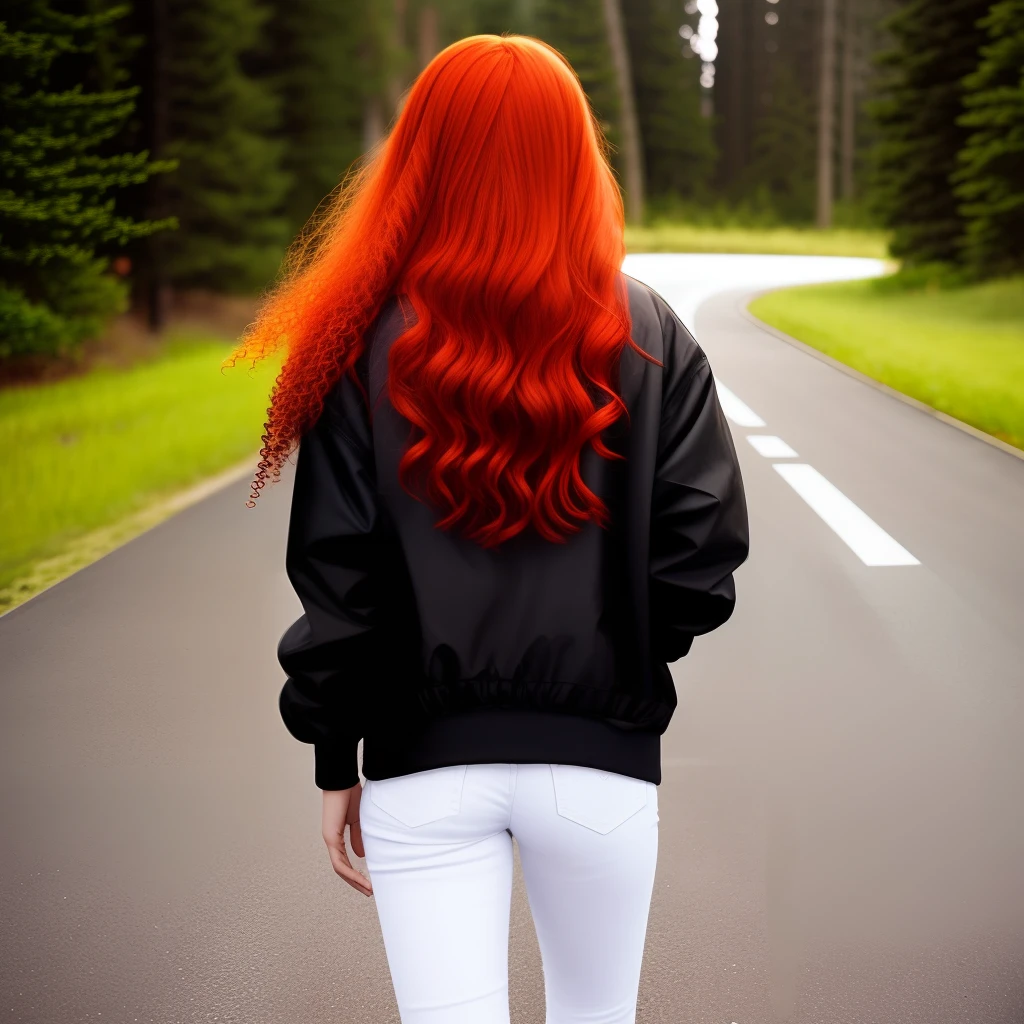 a girl with long red hair that goes to her
back, caramel brown skin and brown eyes. wears a black fluffy unzipped jacket along with a black top underneath and bellbottom jeans and black and white tennis shoes.