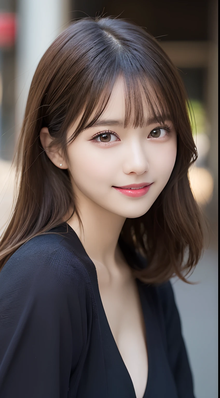 masutepiece, Best Quality, Illustration, Ultra-detailed, finely detail, hight resolution, 8K Wallpaper, Perfect dynamic composition, Beautiful detailed eyes, Women's Fashion Autumn Clothes,Medium Hair,Small breasts natural color lip, Bold sexy poses,Smile,Harajuku、20 years girl、Cute、Sexy shot looking at camera
