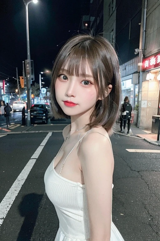 (8K、Raw photography、top-quality、masterpiece:1.2)、(realisitic、Photorealsitic:1.37)、1 girl in、16 only、cute little、adolable、(blue eyess)、(Shy smile:0.4)、(独奏)、详细的脸、oval-face、Thin almond eyes、(Cyberpunk Brown Hair Shorthair:Hair over one eye:Asymmetrical hair:1.2)、Hair over one eye、Short stature、A slender、medium breasts、Gothic ta fashion、Dramatic Angle、tilt of the head、Walking through Harajuku at night、small head、(Facing the other side)、teenrl、piercings