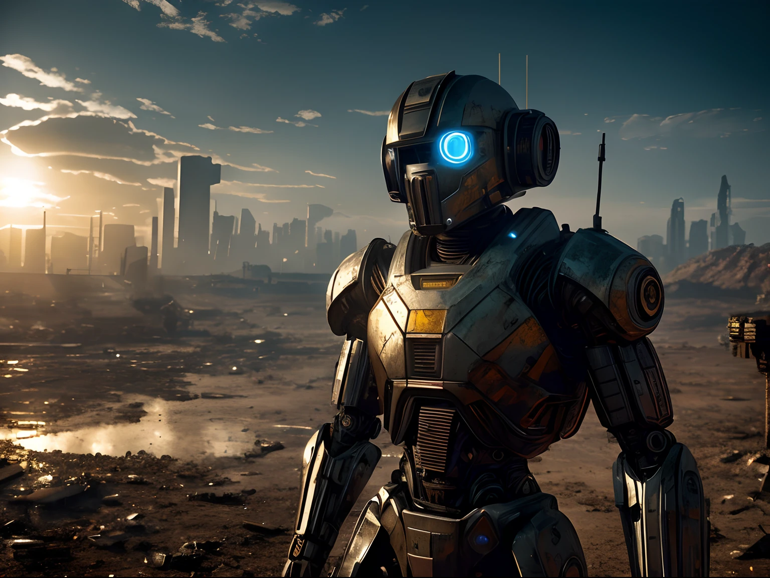 Film still action movie High-Speed Photography: A humanoid robotic sentinel patrolling a dystopian wasteland, its sensors scanning for life. Tight focus on the sensor array, against a backdrop of desolation. Lit by the harsh glare Of a post-apocalyptic sun, high noon. Captured with Sony Alpha A9 Ii, highlighting the stark reality of a future world, directed by Michael Bay, hyper-realistic, highly detailed.