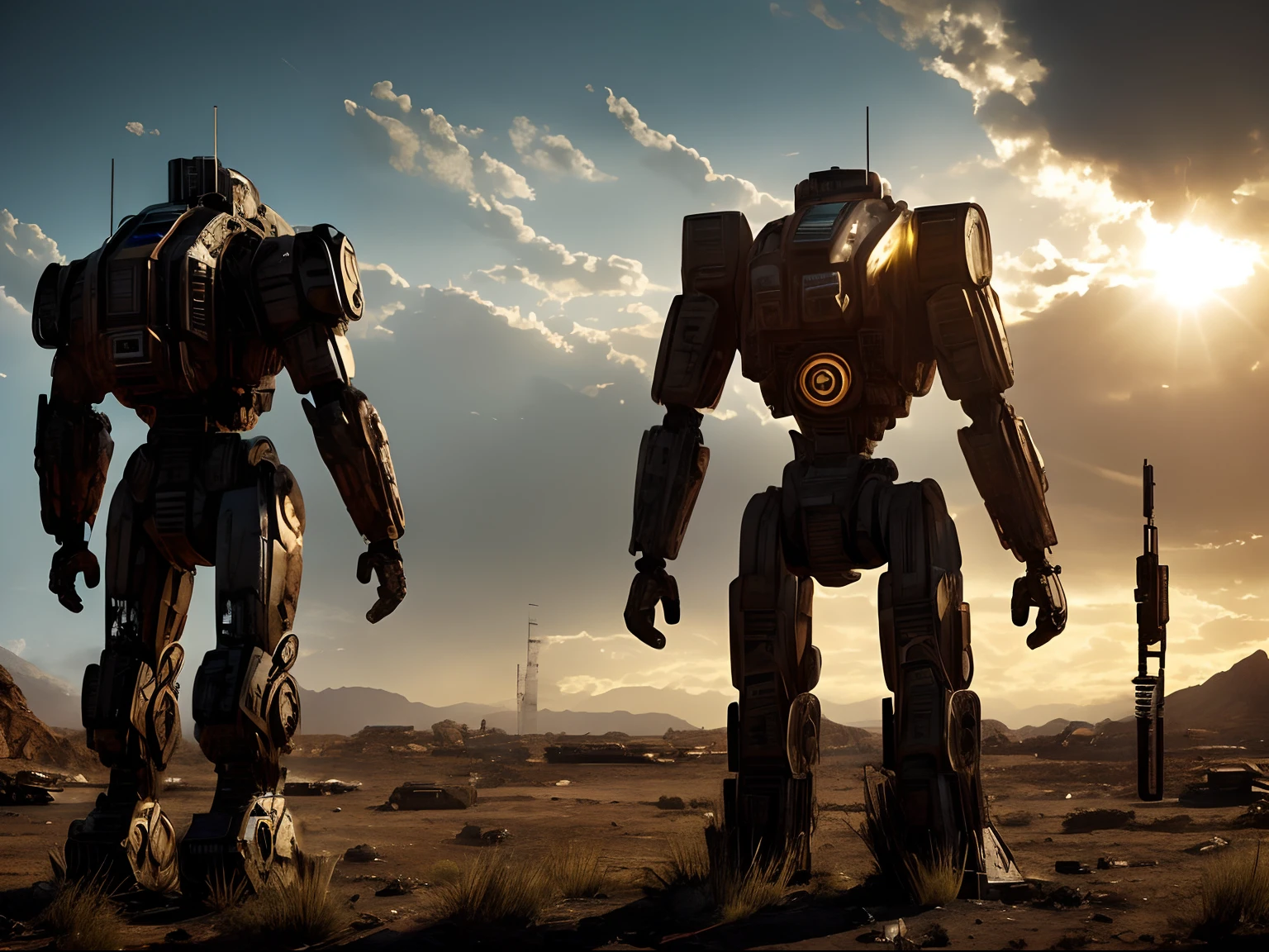 Film still action movie High-Speed Photography: A humanoid robotic sentinel patrolling a dystopian wasteland, its sensors scanning for life. Tight focus on the sensor array, against a backdrop of desolation. Lit by the harsh glare Of a post-apocalyptic sun, high noon. Captured with Sony Alpha A9 Ii, highlighting the stark reality of a future world, directed by Michael Bay, hyper-realistic, highly detailed.