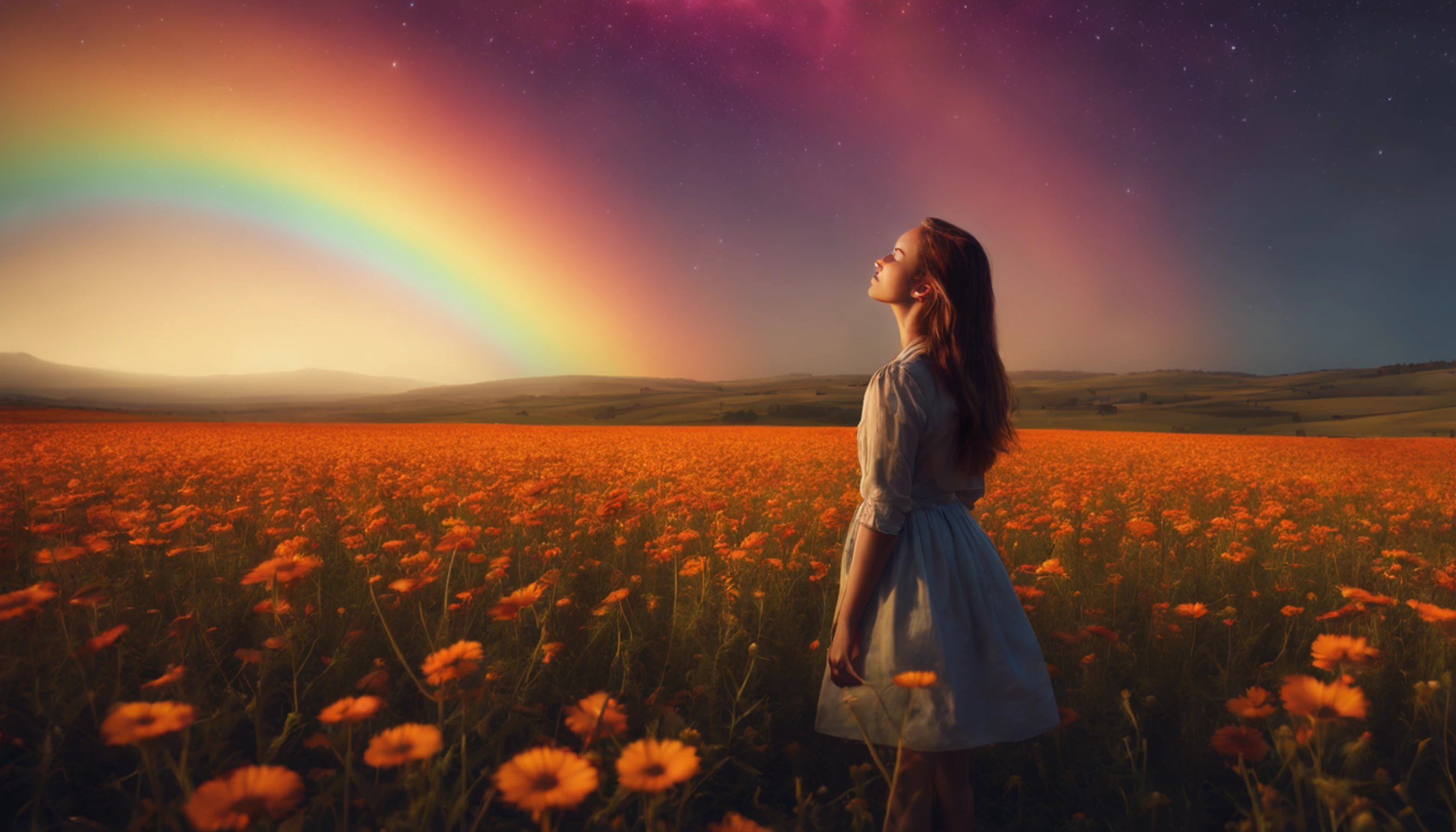 Vasta foto de paisagem, (vista de baixo, The sky is above and the open field is below), a girl standing on a flower field looking up, (lua cheia: 1.2), (meteoro: 0.9), (nebulosa: 1.3), montanhas distantes, Árvores BREAK Crafting Art, (Luz Quente: 1.2), (Vagalumes: 1.2), Luzes, Muito Roxo e Laranja, Detalhes Intrincados, volumeric lighting, Realismo BREAK (Obra-prima: 1.2), (melhor qualidade), 4k, ultra-detalhado, (dynamic compositing: 1.4), detalhes muito detalhados e coloridos, (rainbow colors: 1.2), (bright illumination, Atmospheric Illumination), sonhador, magica, (solo: 1.2)