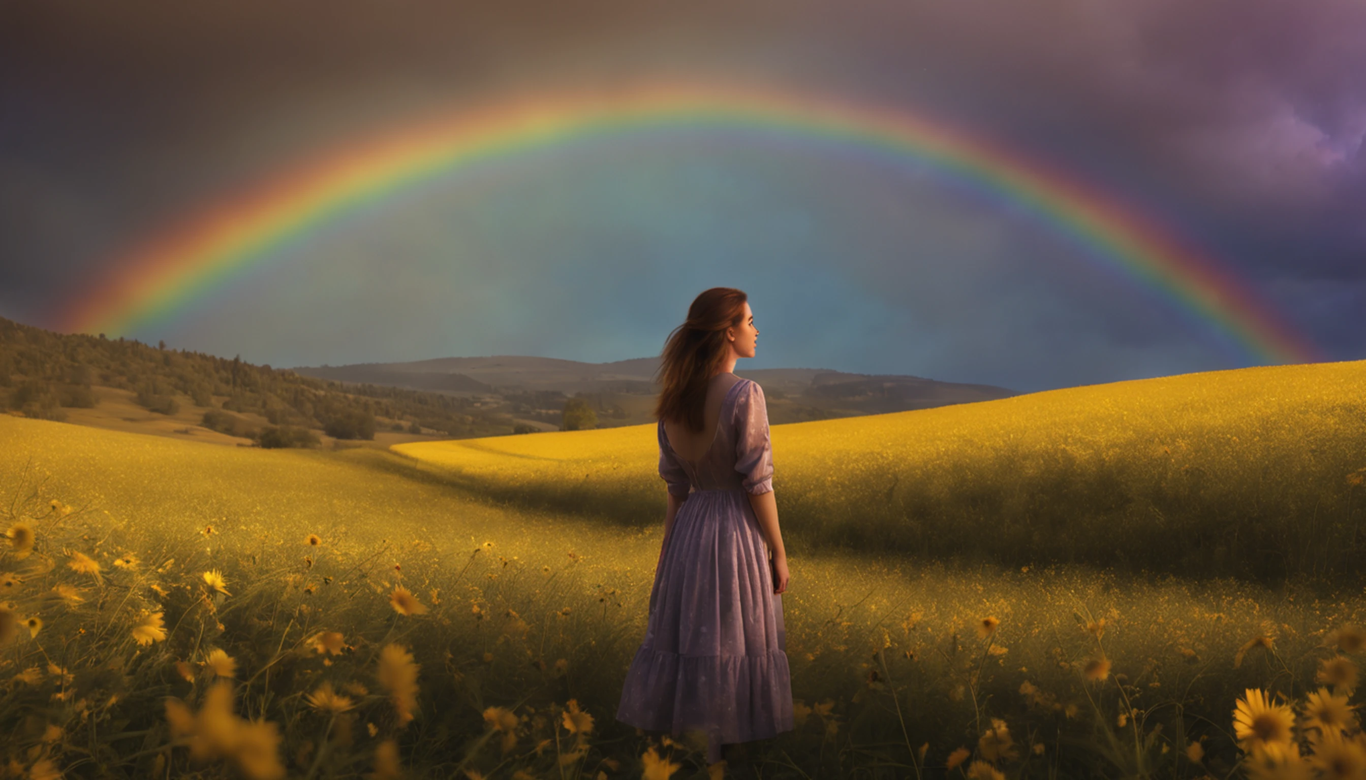 Vasta foto de paisagem, (vista de baixo, The sky is above and the open field is below), a girl standing on a flower field looking up, (lua cheia: 1.2), (meteoro: 0.9), (nebulosa: 1.3), montanhas distantes, Árvores BREAK Crafting Art, (Luz Quente: 1.2), (Vagalumes: 1.2), Luzes, Muito Roxo e Laranja, Detalhes Intrincados, volumeric lighting, Realismo BREAK (Obra-prima: 1.2), (melhor qualidade), 4k, ultra-detalhado, (dynamic compositing: 1.4), detalhes muito detalhados e coloridos, (rainbow colors: 1.2), (bright illumination, Atmospheric Illumination), sonhador, magica, (solo: 1.2)