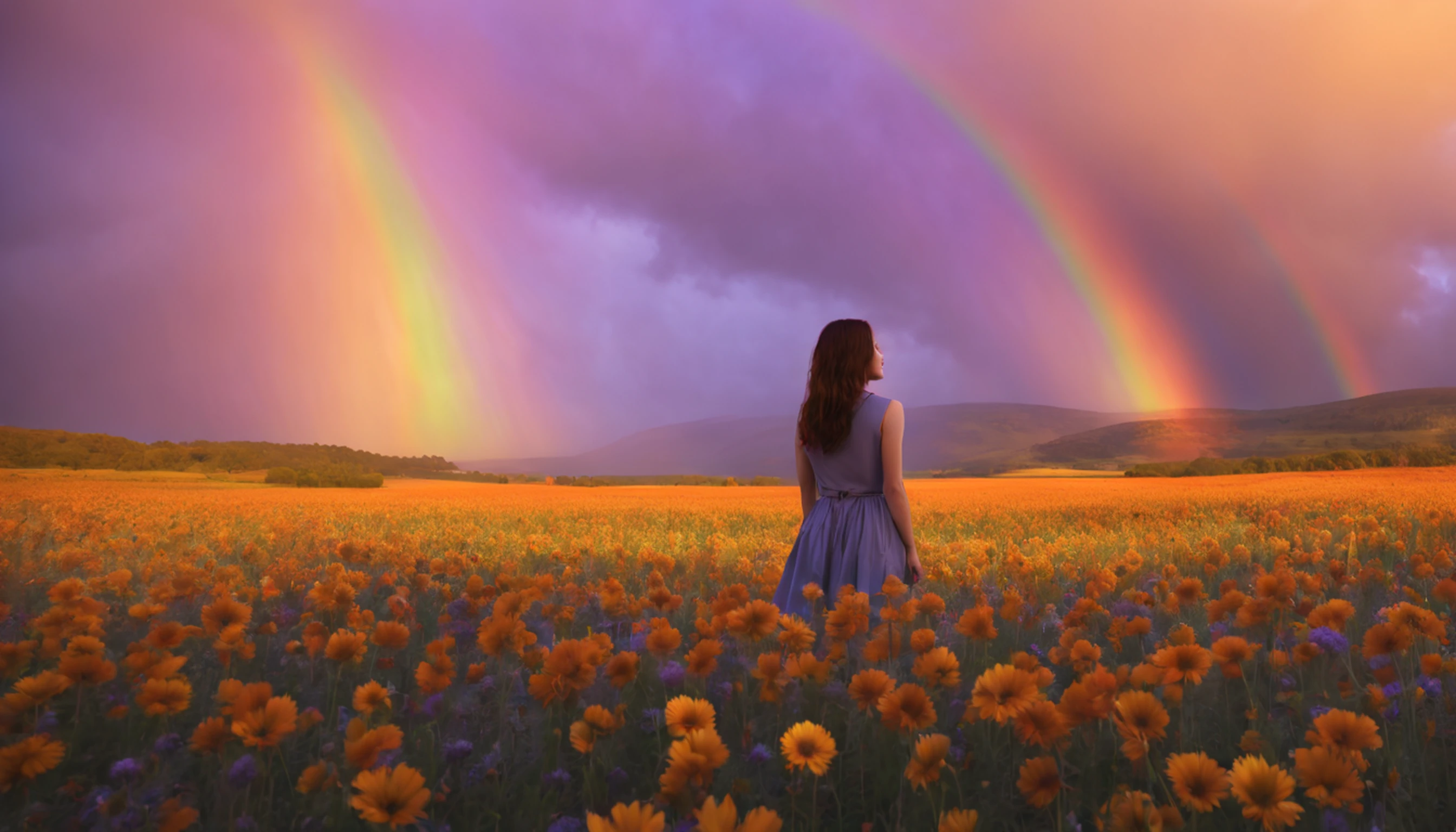 Vasta foto de paisagem, (vista de baixo, The sky is above and the open field is below), a girl standing on a flower field looking up, (lua cheia: 1.2), (meteoro: 0.9), (nebulosa: 1.3), montanhas distantes, Árvores BREAK Crafting Art, (Luz Quente: 1.2), (Vagalumes: 1.2), Luzes, Muito Roxo e Laranja, Detalhes Intrincados, volumeric lighting, Realismo BREAK (Obra-prima: 1.2), (melhor qualidade), 4k, ultra-detalhado, (dynamic compositing: 1.4), detalhes muito detalhados e coloridos, (rainbow colors: 1.2), (bright illumination, Atmospheric Illumination), sonhador, magica, (solo: 1.2)