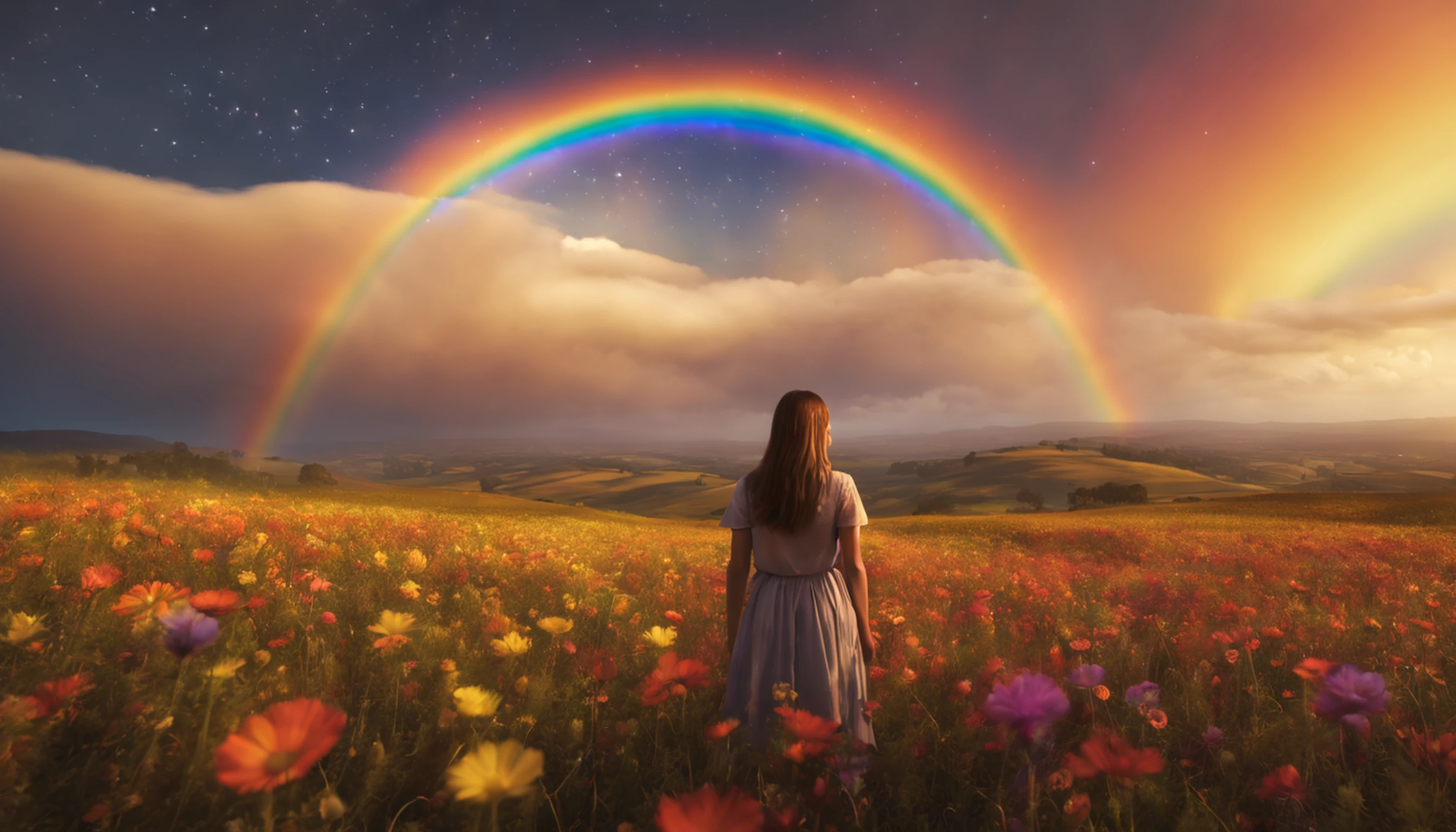 Vasta foto de paisagem, (vista de baixo, The sky is above and the open field is below), a girl standing on a flower field looking up, (lua cheia: 1.2), (meteoro: 0.9), (nebulosa: 1.3), montanhas distantes, Árvores BREAK Crafting Art, (Luz Quente: 1.2), (Vagalumes: 1.2), Luzes, Muito Roxo e Laranja, Detalhes Intrincados, volumeric lighting, Realismo BREAK (Obra-prima: 1.2), (melhor qualidade), 4k, ultra-detalhado, (dynamic compositing: 1.4), detalhes muito detalhados e coloridos, (rainbow colors: 1.2), (bright illumination, Atmospheric Illumination), sonhador, magica, (solo: 1.2)