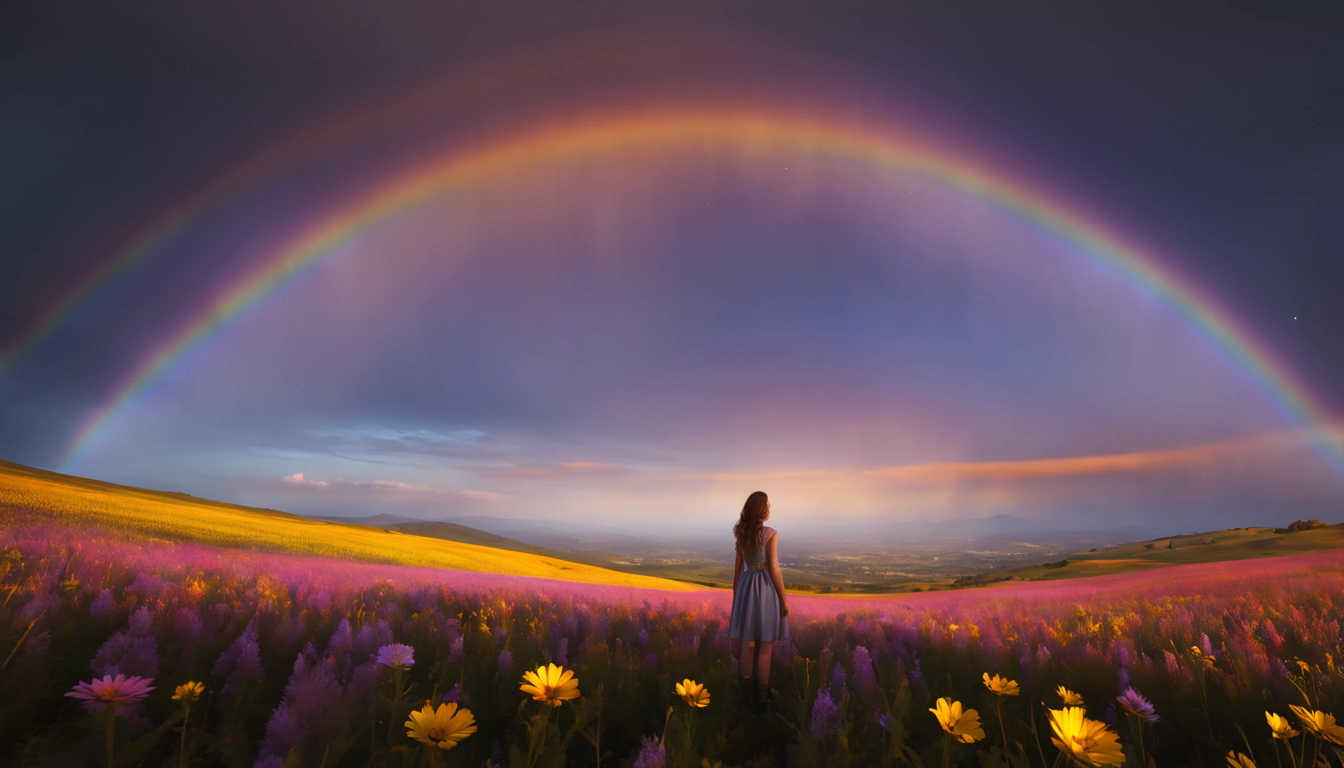 Vasta foto de paisagem, (vista de baixo, The sky is above and the open field is below), a girl standing on a flower field looking up, (lua cheia: 1.2), (meteoro: 0.9), (nebulosa: 1.3), montanhas distantes, Árvores BREAK Crafting Art, (Luz Quente: 1.2), (Vagalumes: 1.2), Luzes, Muito Roxo e Laranja, Detalhes Intrincados, volumeric lighting, Realismo BREAK (Obra-prima: 1.2), (melhor qualidade), 4k, ultra-detalhado, (dynamic compositing: 1.4), detalhes muito detalhados e coloridos, (rainbow colors: 1.2), (bright illumination, Atmospheric Illumination), sonhador, magica, (solo: 1.2)