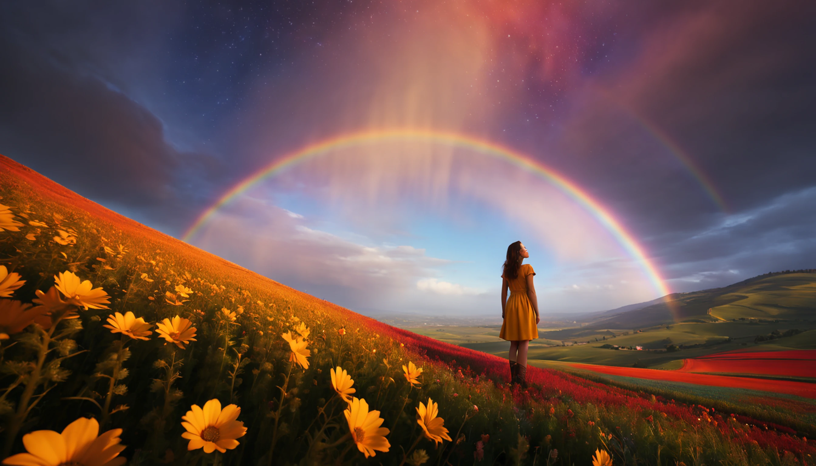 Vasta foto de paisagem, (vista de baixo, The sky is above and the open field is below), a girl standing on a flower field looking up, (lua cheia: 1.2), (meteoro: 0.9), (nebulosa: 1.3), montanhas distantes, Árvores BREAK Crafting Art, (Luz Quente: 1.2), (Vagalumes: 1.2), Luzes, Muito Roxo e Laranja, Detalhes Intrincados, volumeric lighting, Realismo BREAK (Obra-prima: 1.2), (melhor qualidade), 4k, ultra-detalhado, (dynamic compositing: 1.4), detalhes muito detalhados e coloridos, (rainbow colors: 1.2), (bright illumination, Atmospheric Illumination), sonhador, magica, (solo: 1.2)