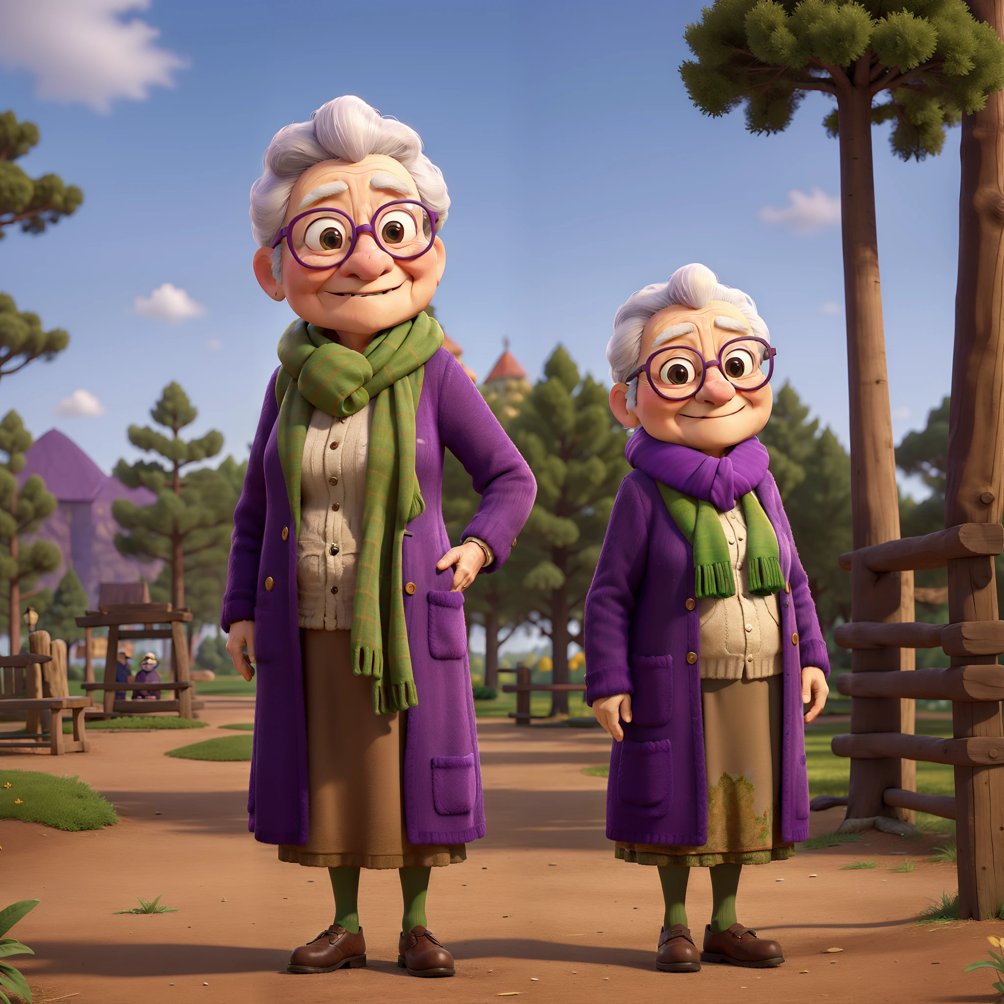 masterpiece, best quality, an old woman with glasses and a scarf on, wearing a purple coat and green scarf, standing at the park