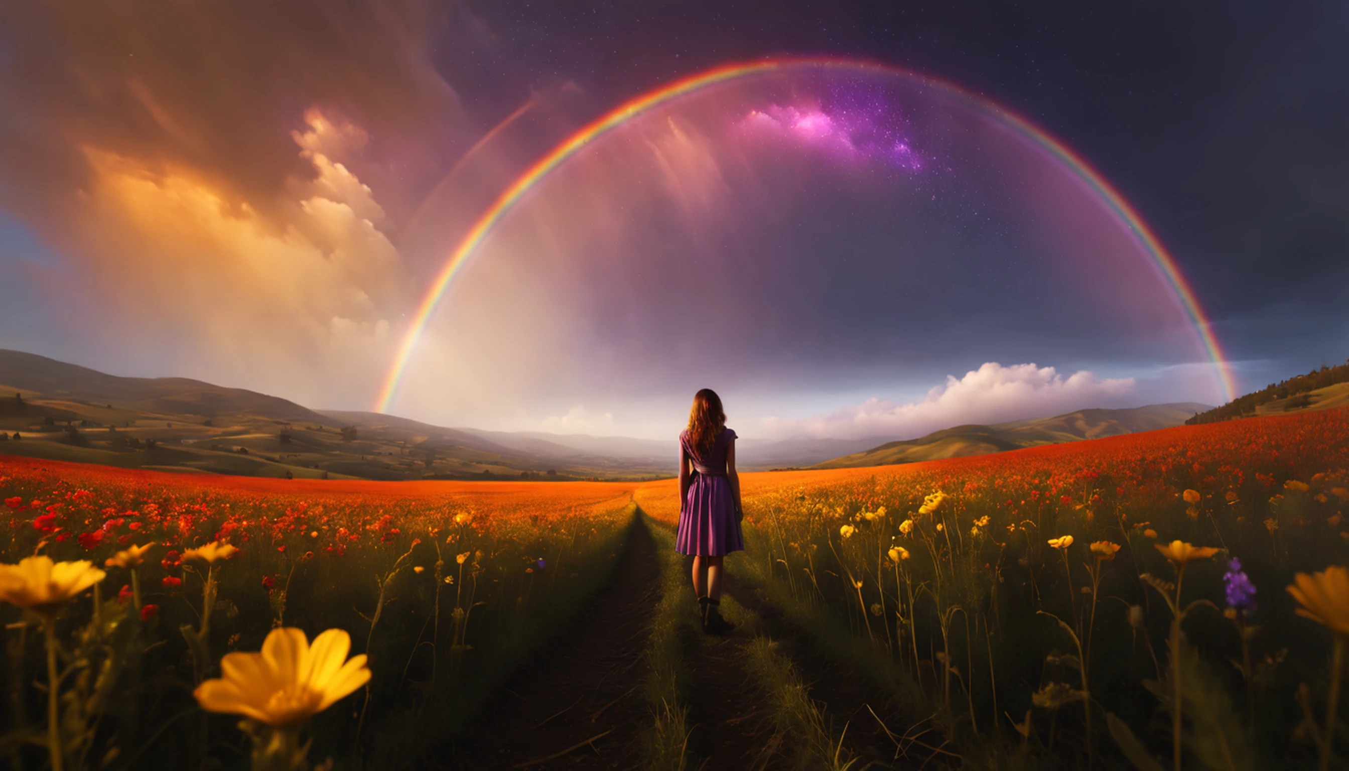 Vasta foto de paisagem, (vista de baixo, The sky is above and the open field is below), a girl standing on a flower field looking up, (lua cheia: 1.2), (meteoro: 0.9), (nebulosa: 1.3), montanhas distantes, Árvores BREAK Crafting Art, (Luz Quente: 1.2), (Vagalumes: 1.2), Luzes, Muito Roxo e Laranja, Detalhes Intrincados, volumeric lighting, Realismo BREAK (Obra-prima: 1.2), (melhor qualidade), 4k, ultra-detalhado, (dynamic compositing: 1.4), detalhes muito detalhados e coloridos, (rainbow colors: 1.2), (bright illumination, Atmospheric Illumination), sonhador, magica, (solo: 1.2)