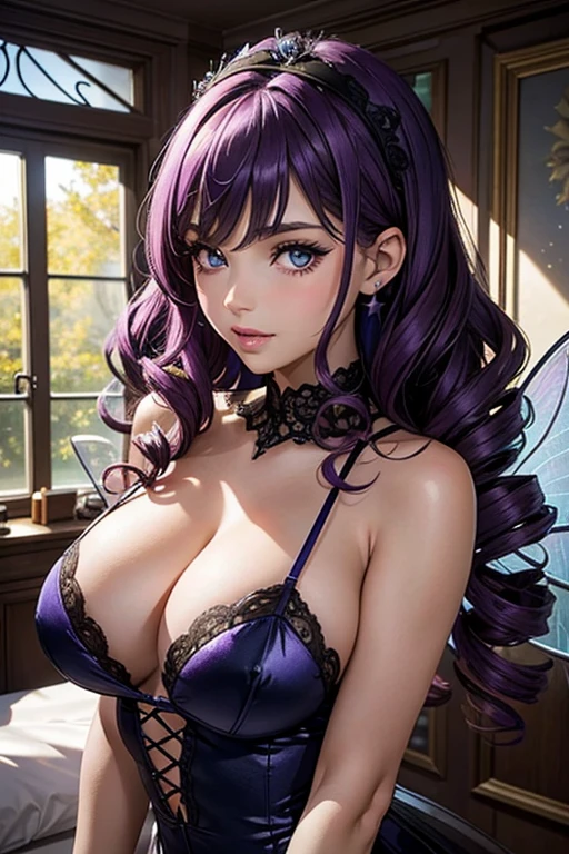 A Fairy, fairy wings , Dark and Purple Hair , blushing face , (Best quality:1.1), (Masterpiece:1.4), 1fille, (cheveux volumineux)+ , ((curly hair))++, cheveux longs , (Yeux Bleux) , Cheveux courts, gros seins, gros seins , (big lips)+ , Bas en dentelles, Bas noirs , peau brillante, brillant, starry night, dans une chambre, Bas dentelle,