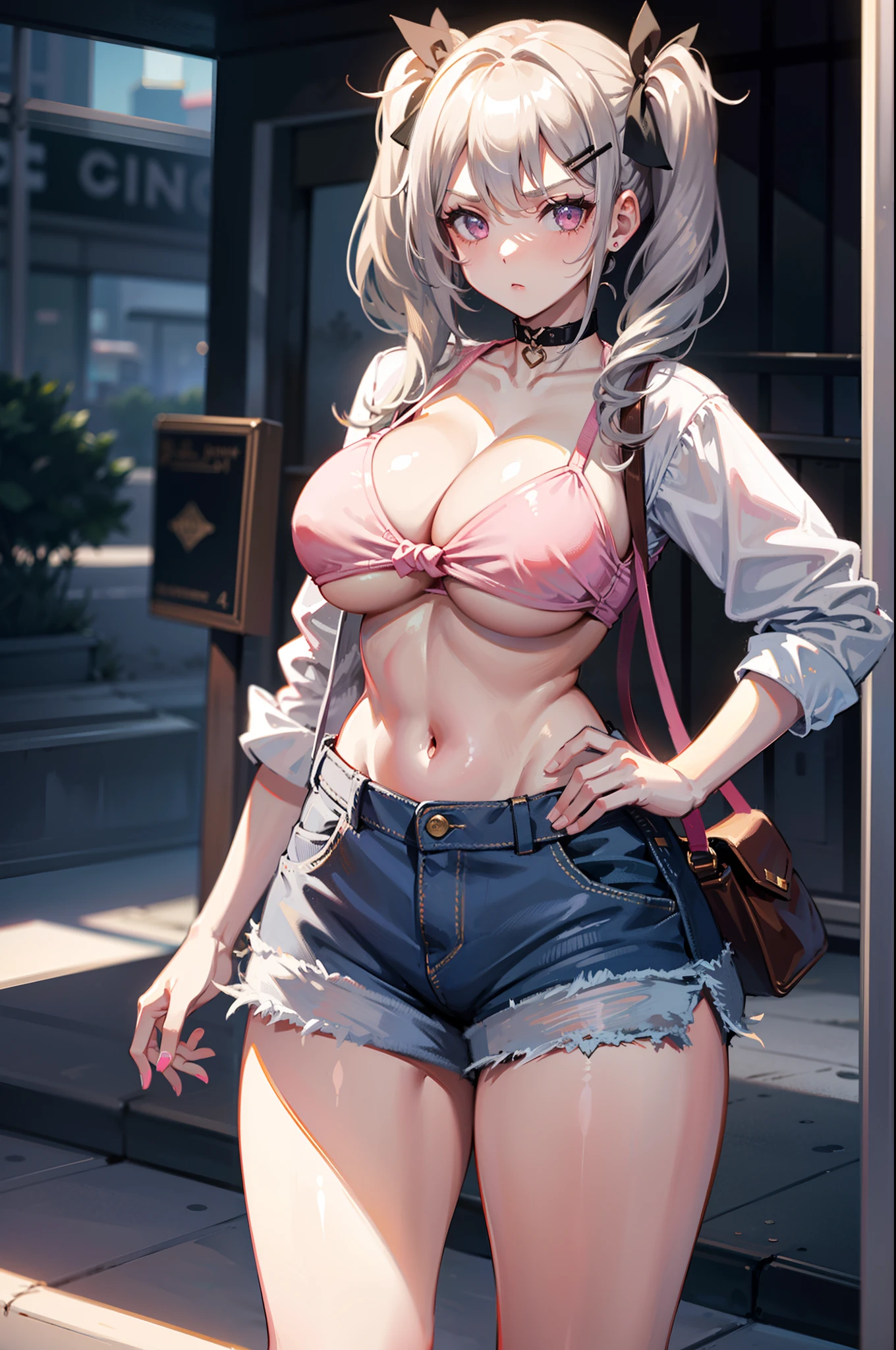 1girl, solo, standing, silver hair, twin tails, blunt bang, large breasts, pink shirt, cleavage, thick thighs, cowboy shot, annoyed, hair clips, outdoors, street view, cityscape,  braids, hair ribbon, underboob, crop top, denim shorts