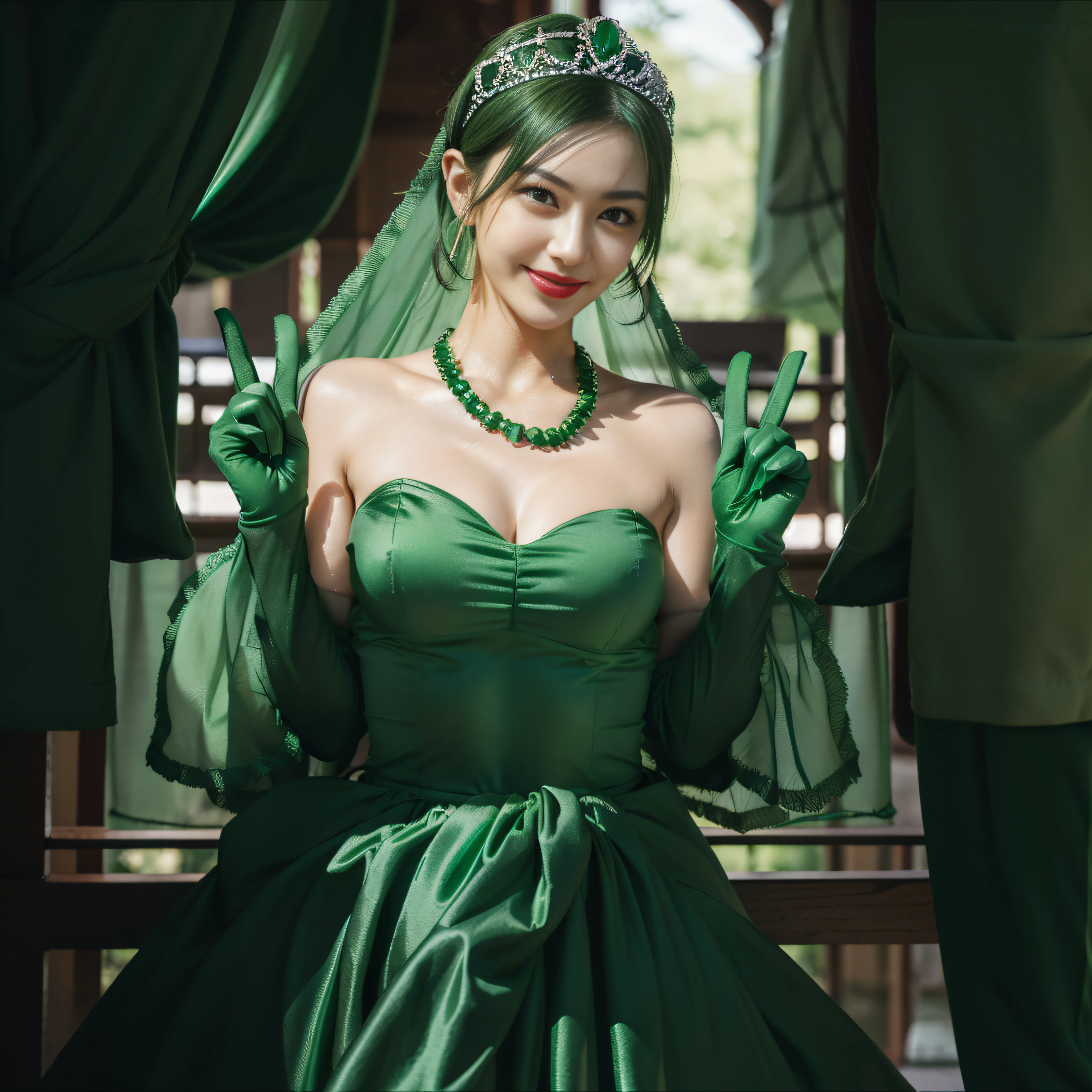 emerald tiara, Green Pearl Necklace, Boyish very short green hair, lipsticks, Japan woman smiling, very short short hair, big breasts beautiful, Green eyes, Long green gloves made of satin material, Green eyes, Emerald Earrings, green vale, v sign