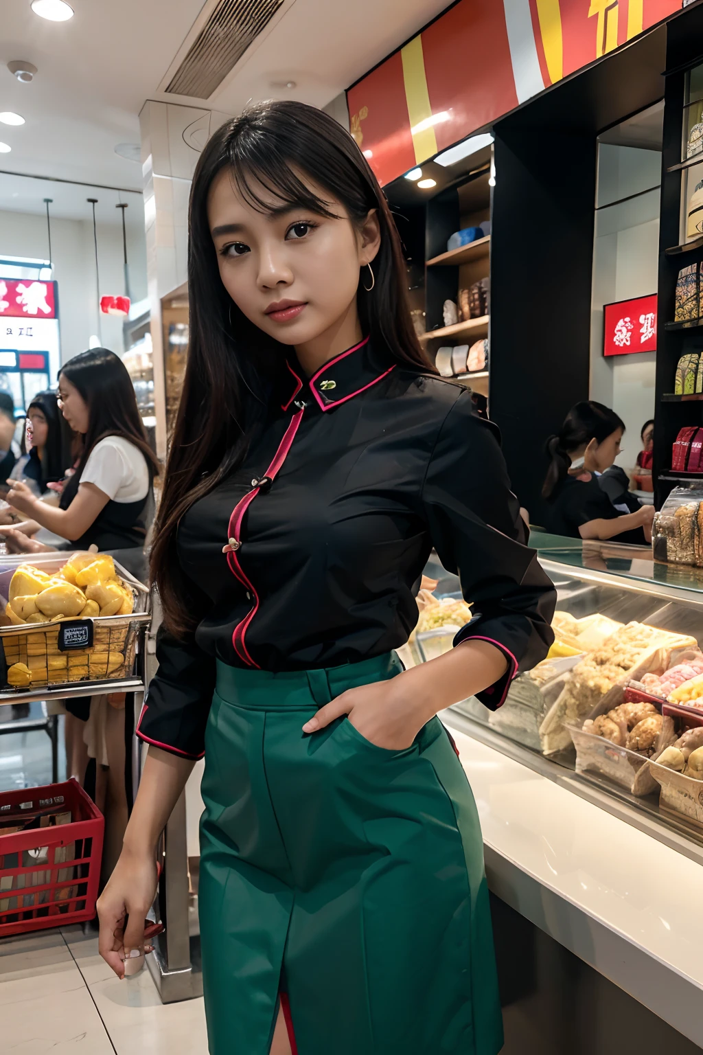 8k, highest quality, ultra details, Chinese-Indonesian girl, store worker, stylish uniform, assisting customers, trendy store decor, vibrant colors, bustling environment