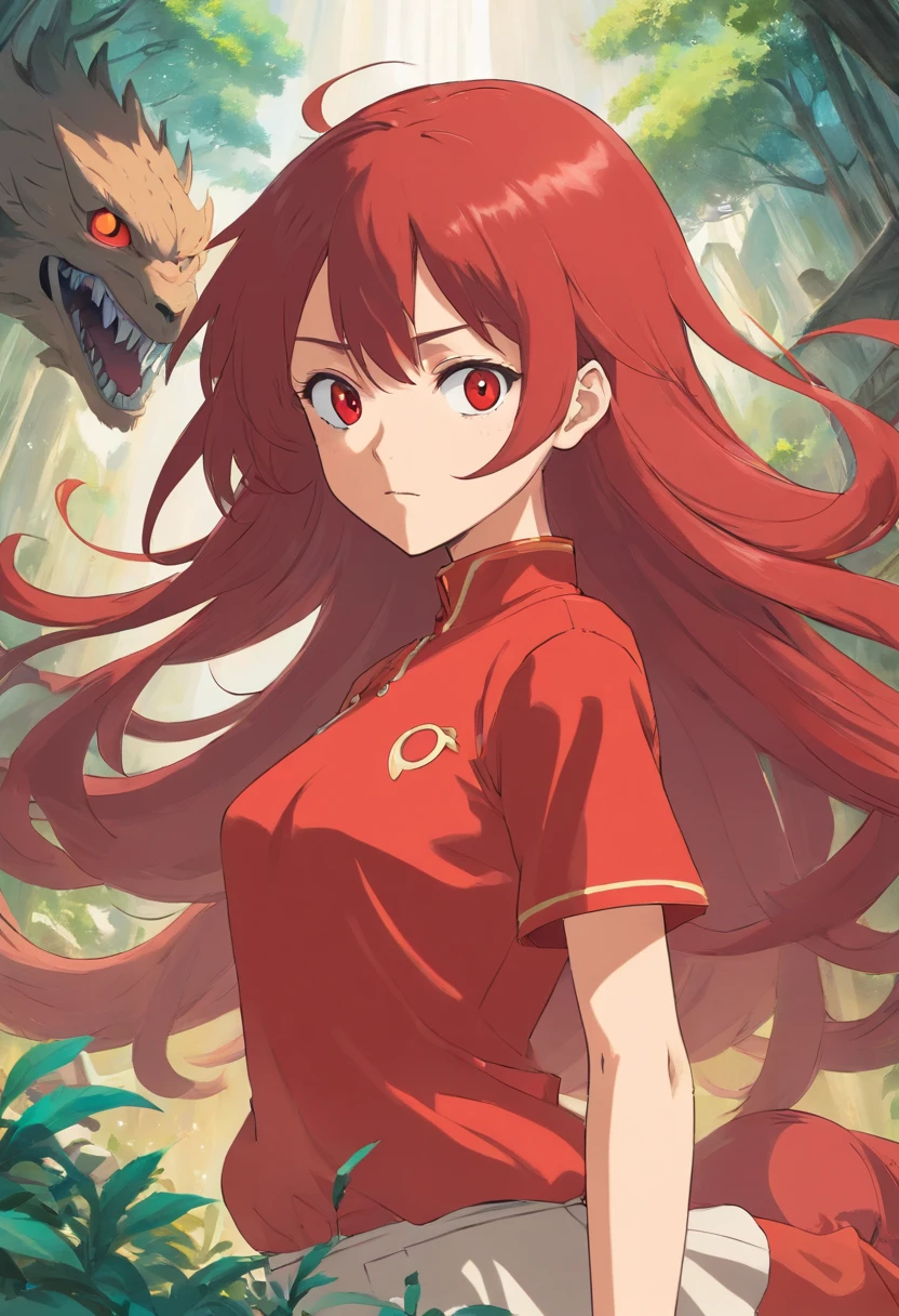 attaque de Titan , anime , femme , de face , cheveux court , les yeux rouge , avec un titan derriere elle