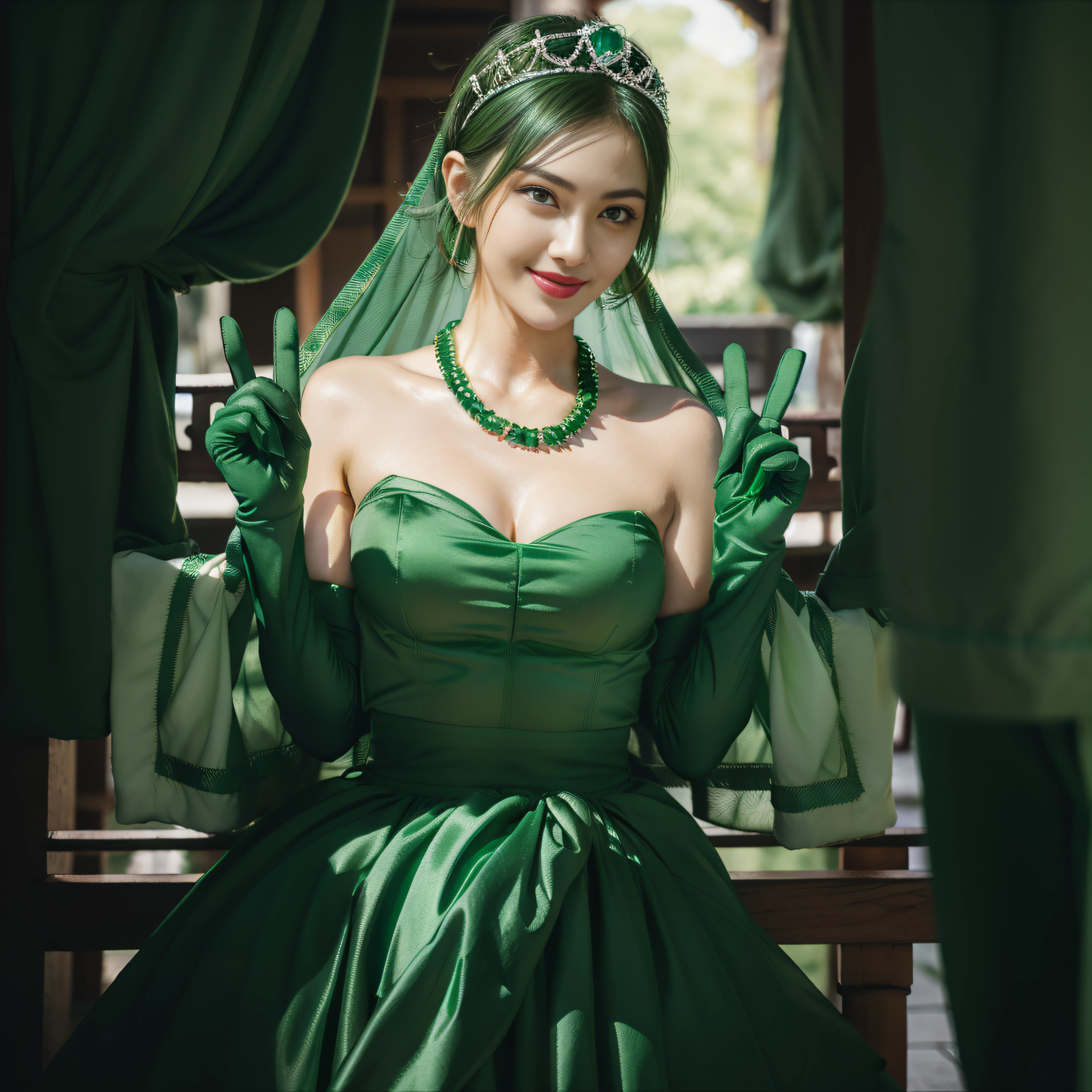 emerald tiara, Green Pearl Necklace, Boyish very short green hair, lipsticks, Japan woman smiling, very short short hair,  big breasts beautiful, Green eyes, Long green gloves made of satin material, Green eyes, Emerald Earrings, green vale, v sign