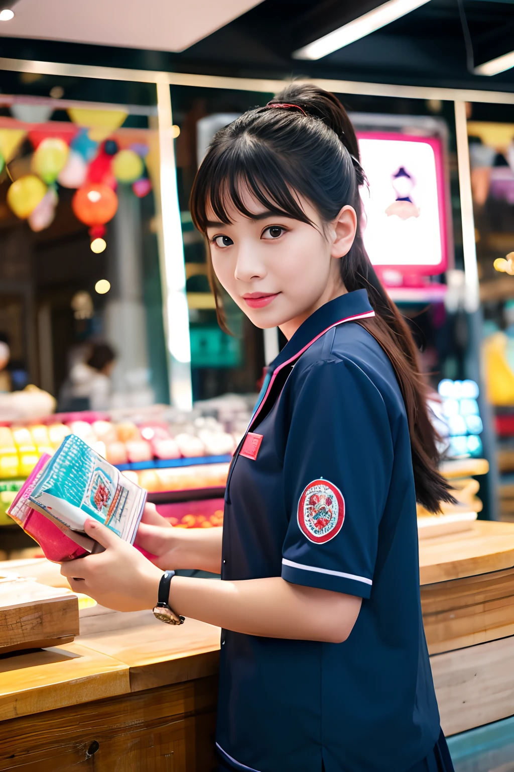 8k, highest quality, ultra details, Chinese-Indonesian girl, store worker, stylish uniform, assisting customers, trendy store decor, vibrant colors, bustling environment