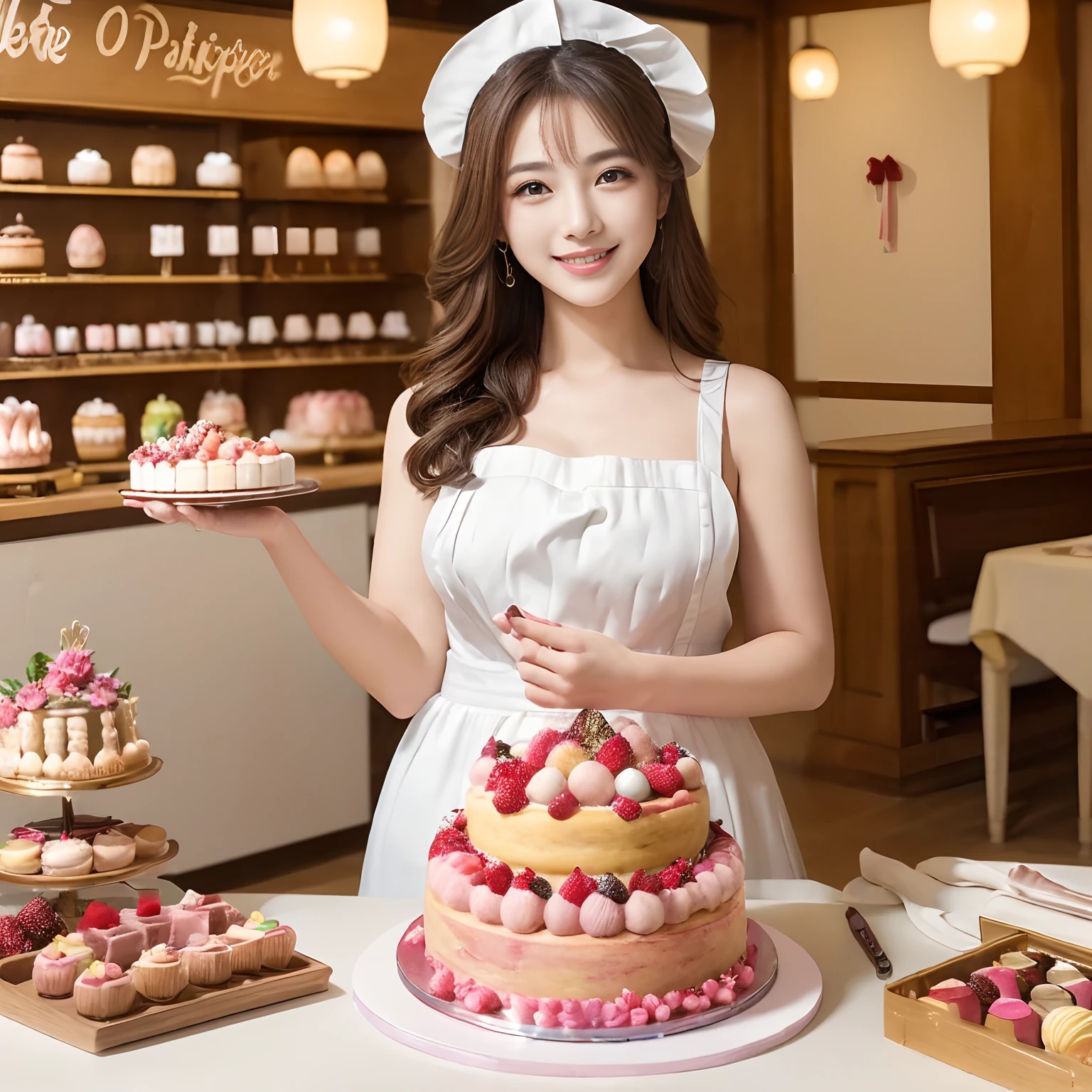 (((Masterpiece、top-quality、Highly complex and detailed depictions)))、1 Japan Beauty、(patissier:1.5)、Cake shop、The biggest smile looking at the camera、Big、Making a fruit cake