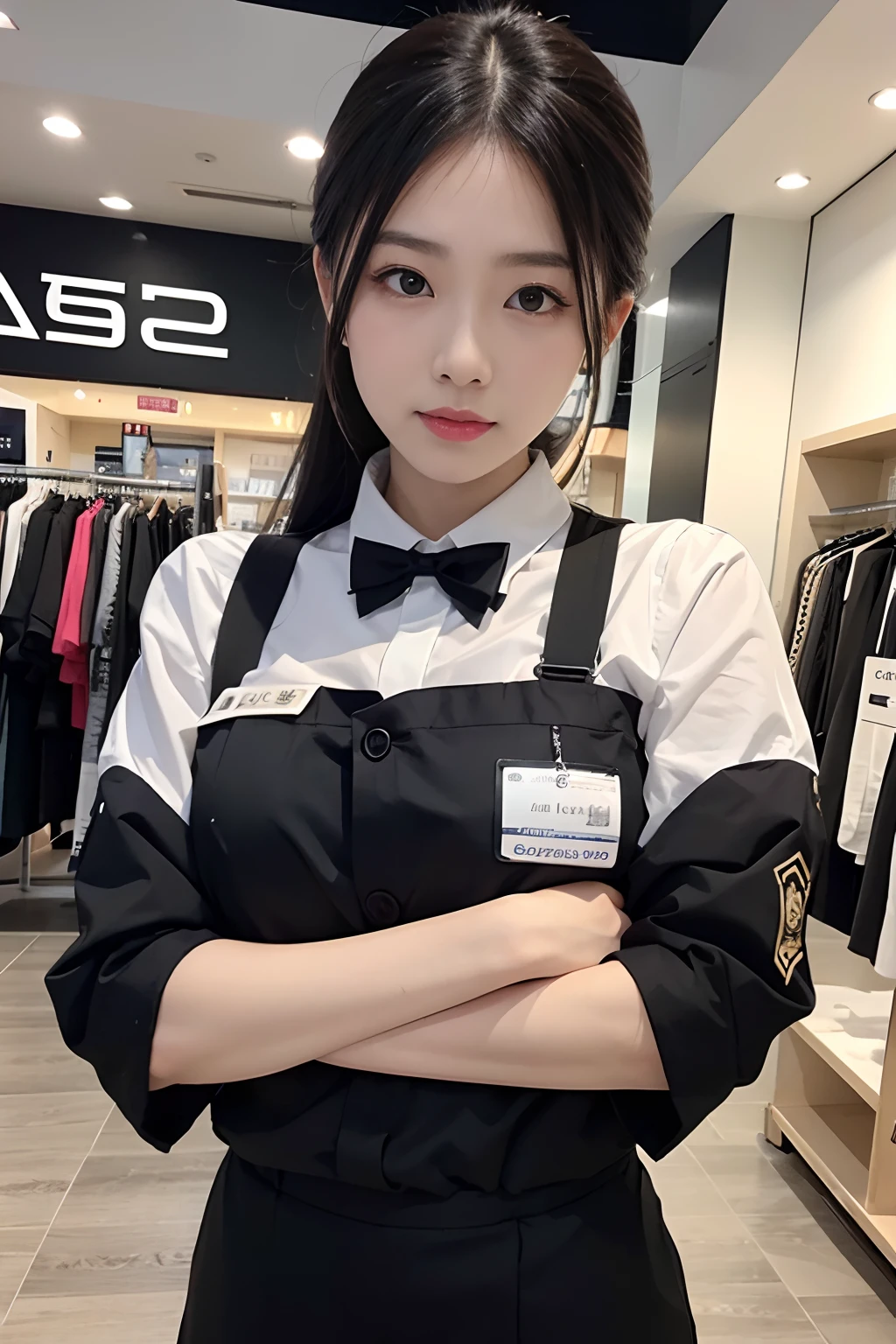 8k, highest quality, ultra details, Chinese-Indonesian girl, store worker, stylish uniform, assisting customers, trendy store decor, vibrant colors, bustling environment